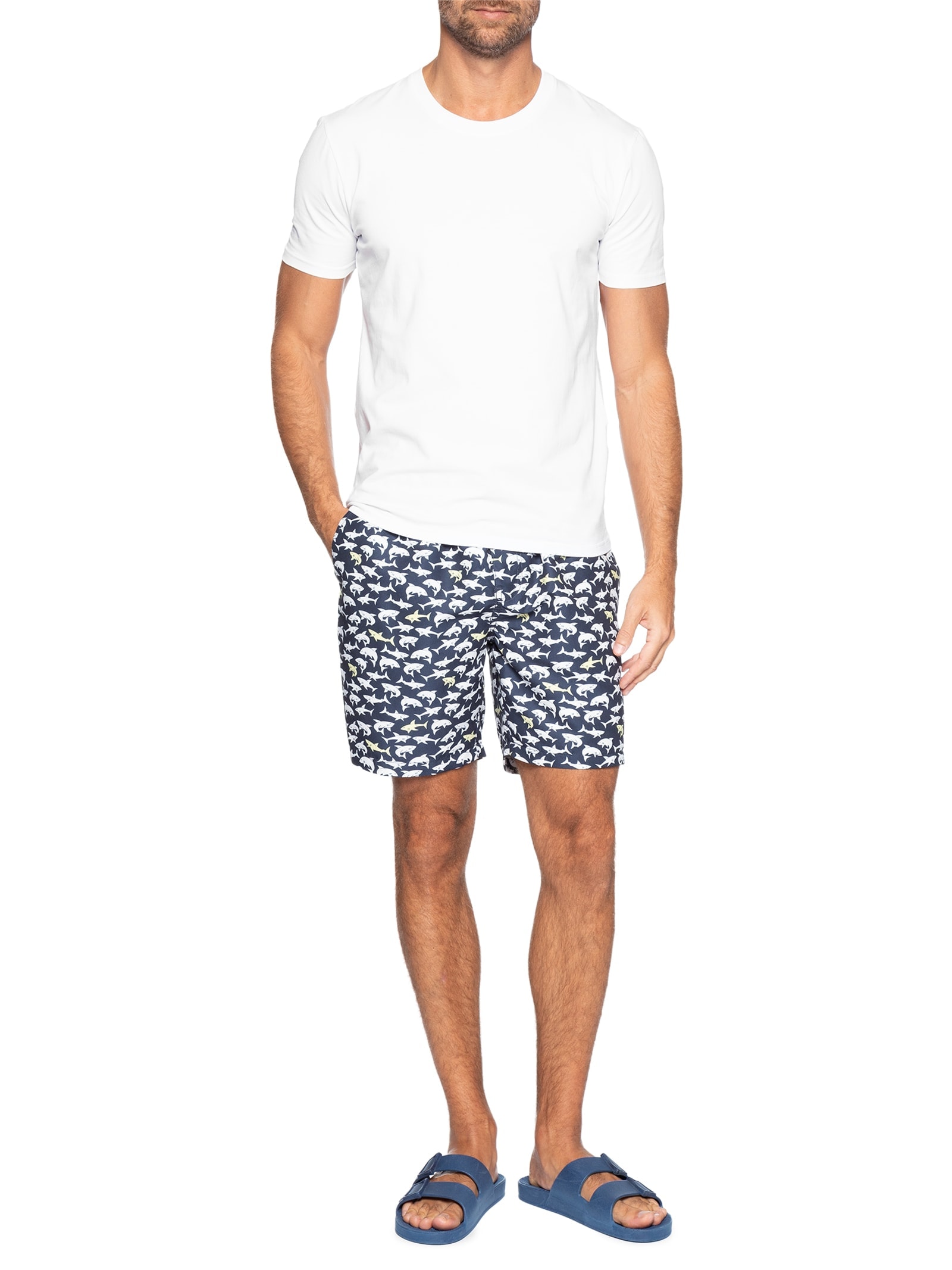 Short Masculino Beachwear Estampa Tubarão Azul Basiq Men