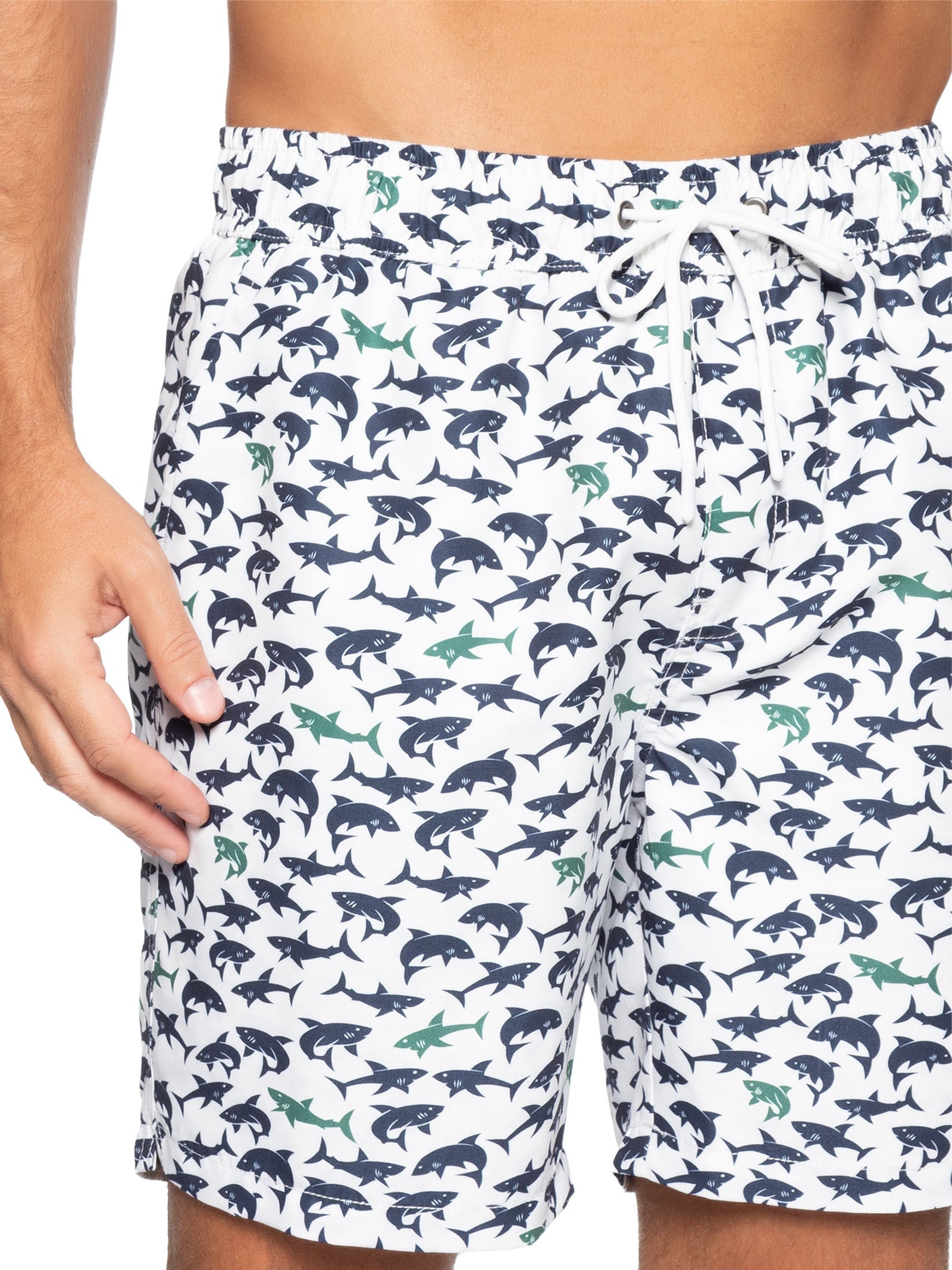Short Masculino Beachwear Estampa Tubarão Branco Basiq Men