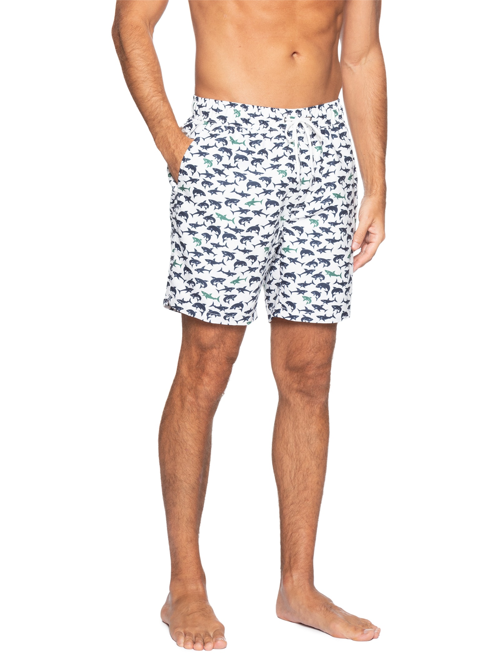 Short Masculino Beachwear Estampa Tubarão Branco Basiq Men