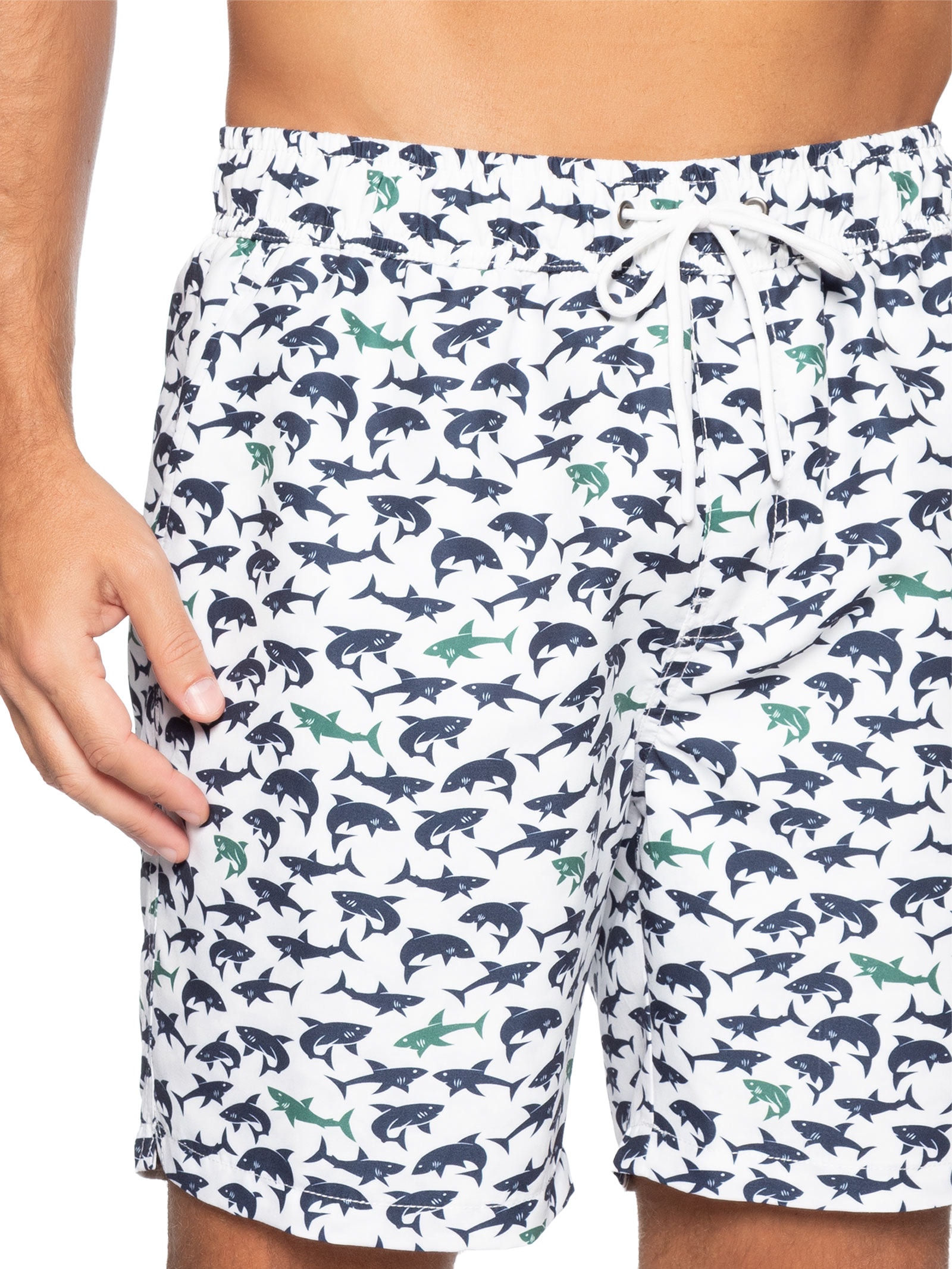 Short Masculino Beachwear Estampa Tubarão Branco Basiq Men