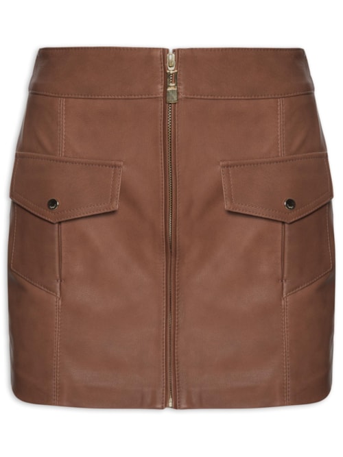 Short Saia De Couro Bolso Pespontado – Marrom