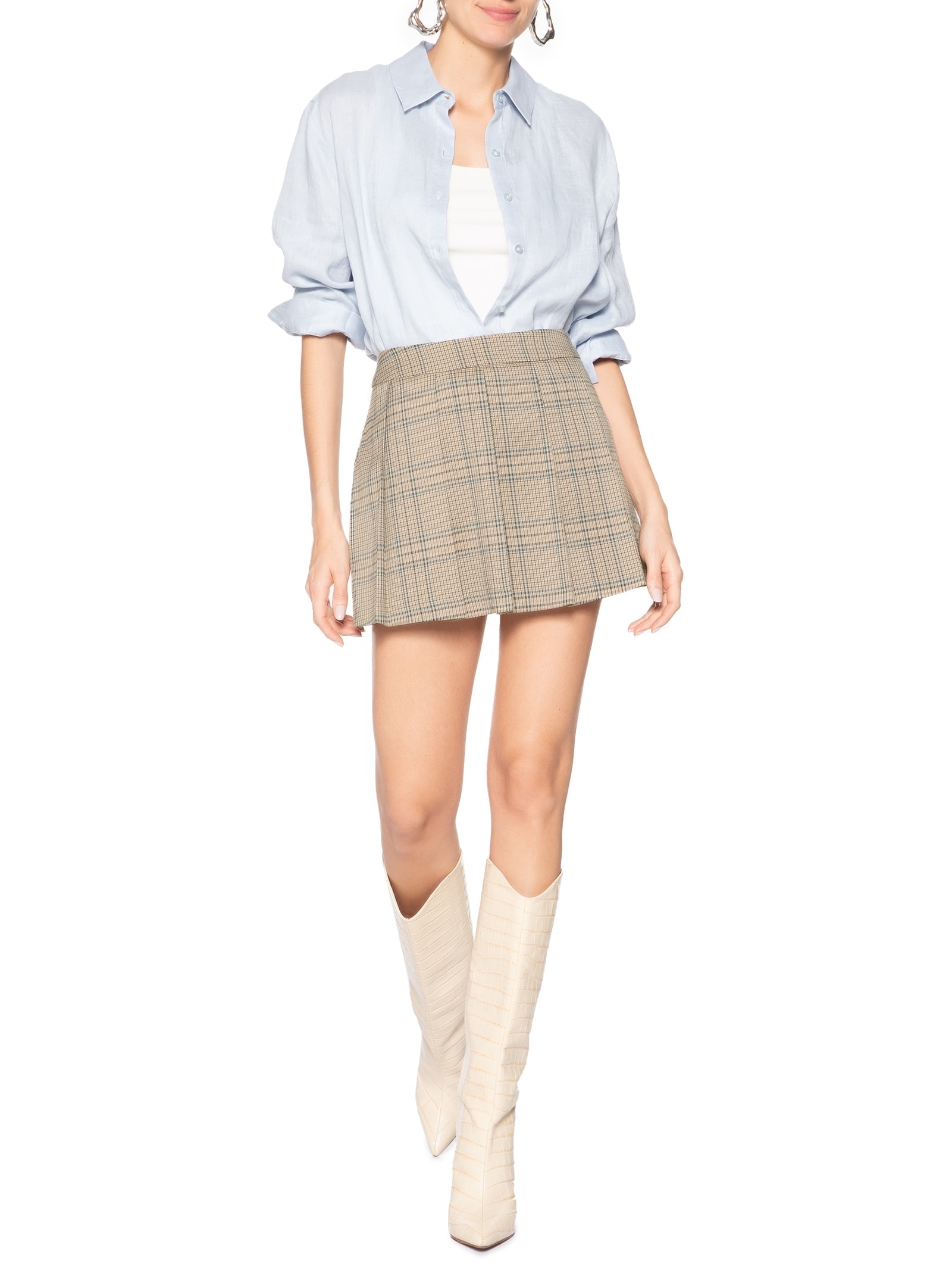 Short Saia Plissado Xadrez Bege Market 33