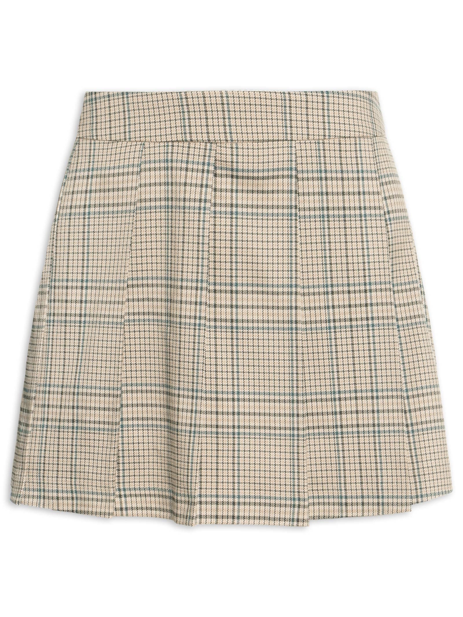 Short Saia Plissado Xadrez Bege Market 33