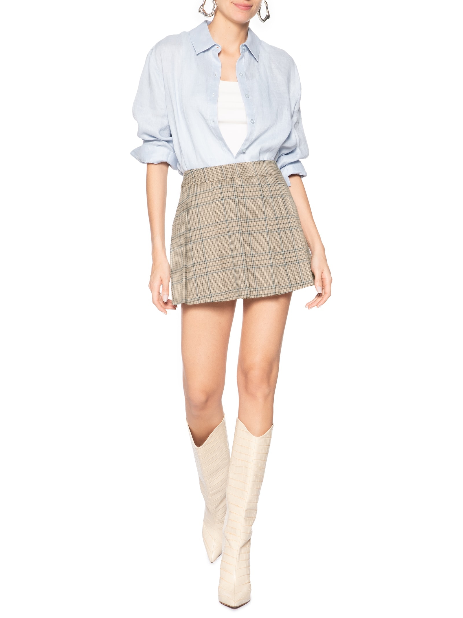 Short Saia Plissado Xadrez Bege Market 33