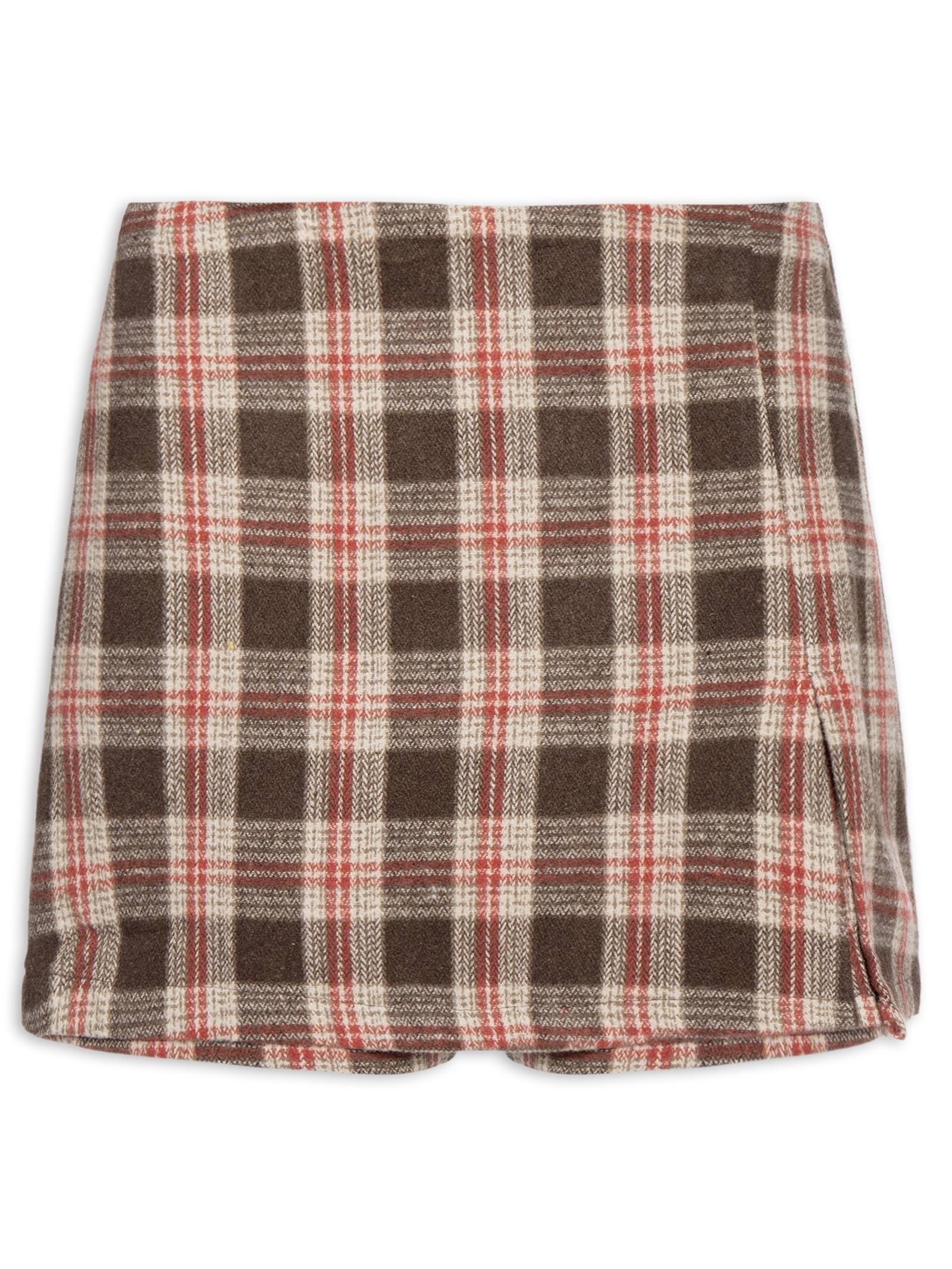 Short Saia Xadrez Com Fenda Bege Basiq