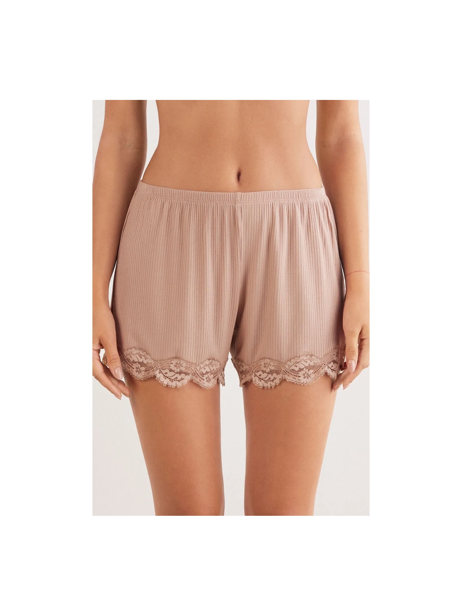 Shorts Canelado Em Viscose e Renda Your Everyday Wear Bege Intimissimi