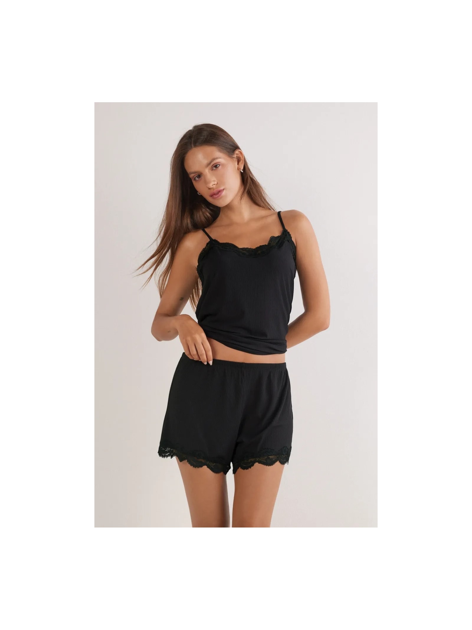 Shorts Canelado Em Viscose e Renda Your Everyday Wear Preto Intimissimi