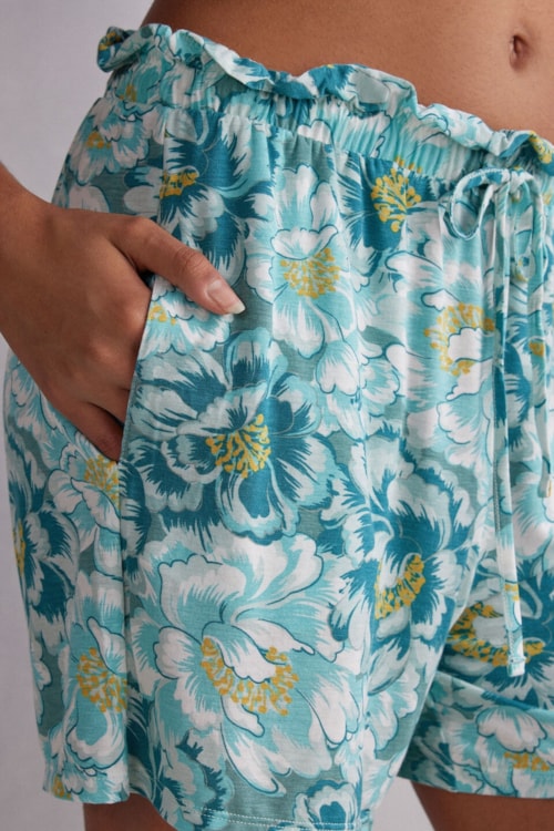 Shorts Em Viscose De Bambu Emerald Flower – Azul