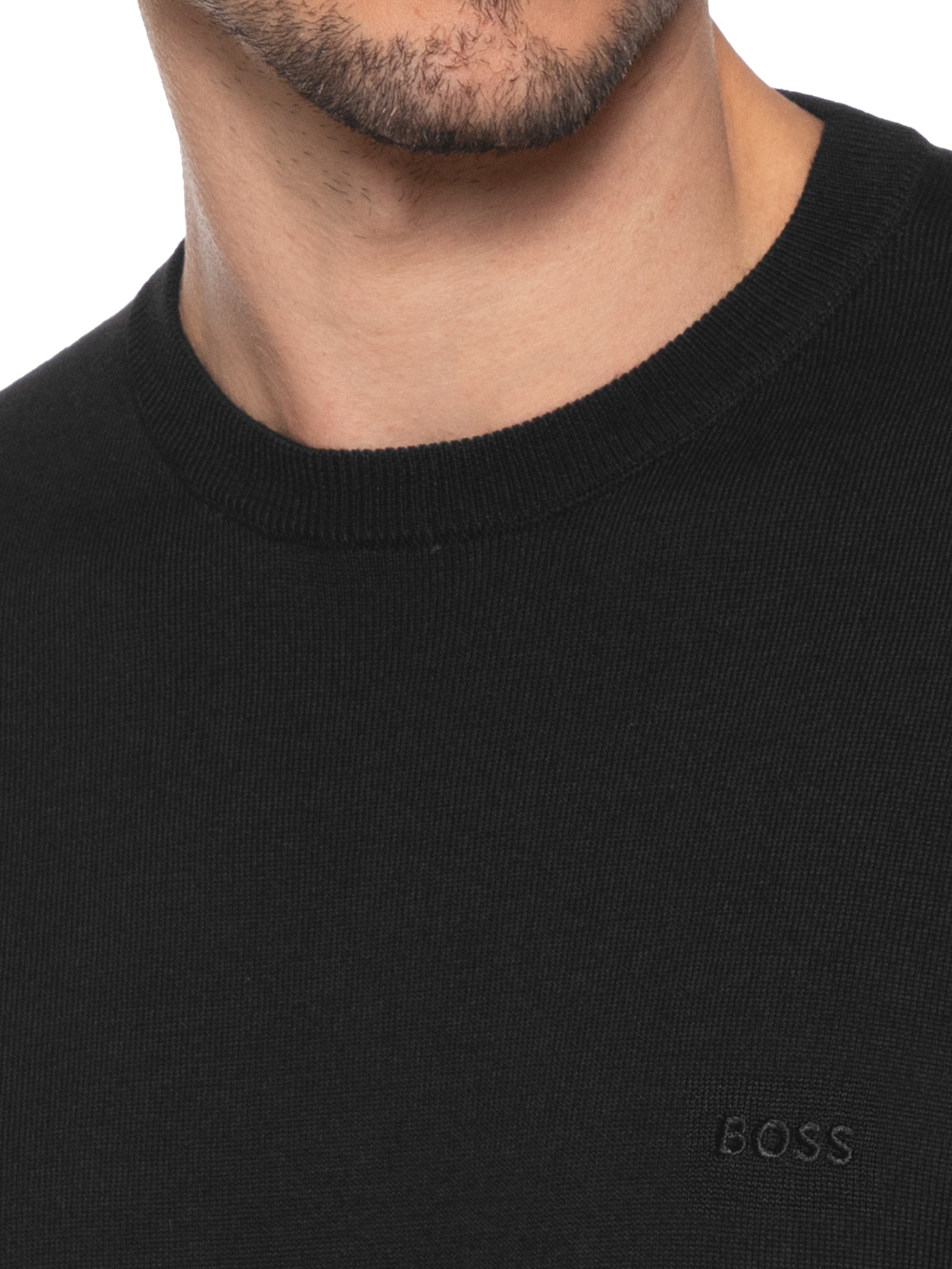 Suéter Com Logo Bordado Em Lã Responsável Preto Boss