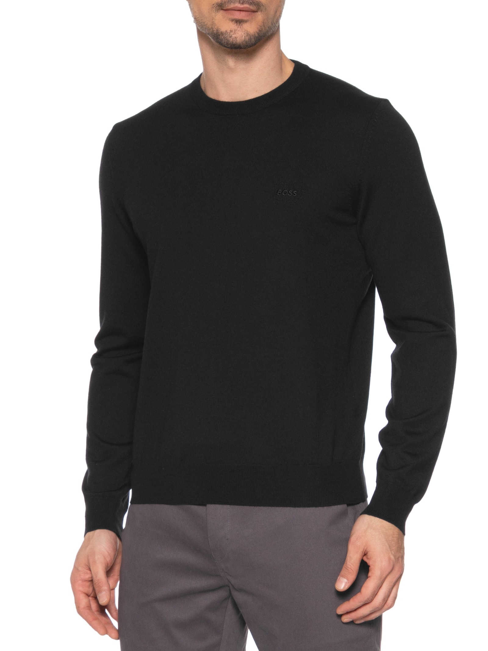 Suéter Com Logo Bordado Em Lã Responsável Preto Boss