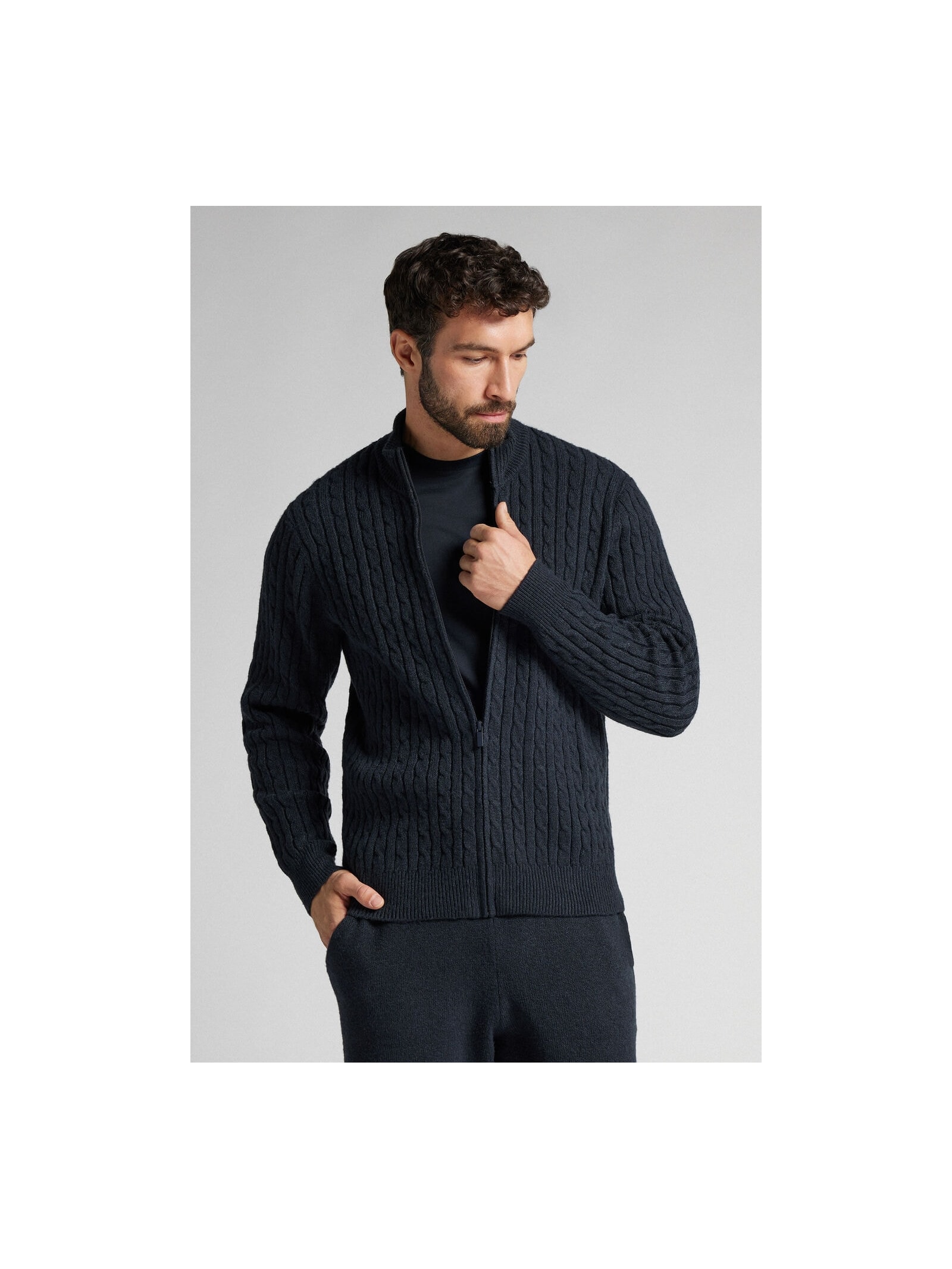 Suéter Em Tricô Trançado e Zíper Azul Intimissimi