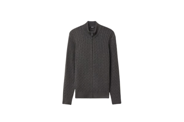 Suéter Em Tricô Trançado e Zíper - Cinza