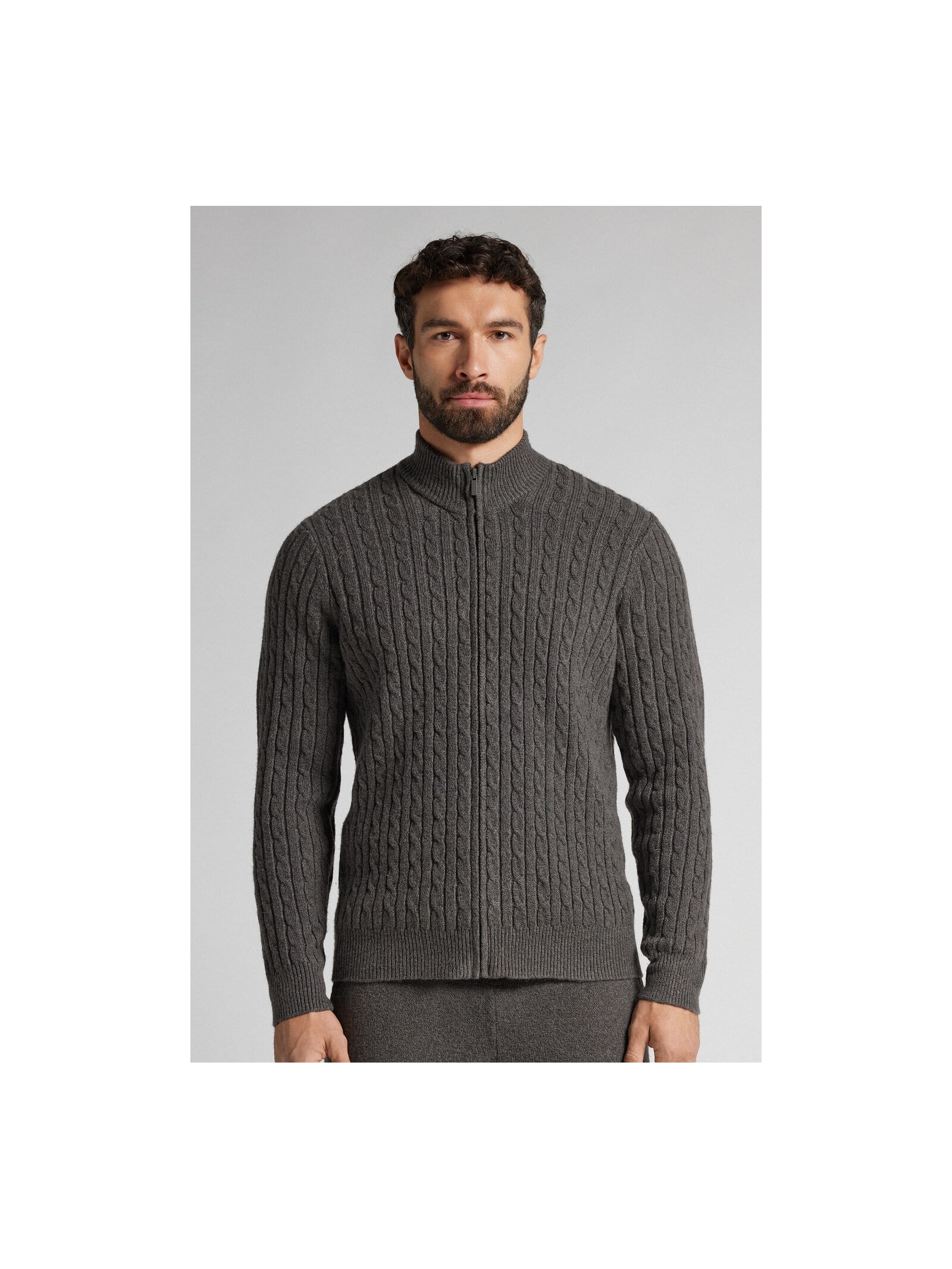 Suéter Em Tricô Trançado e Zíper Cinza Intimissimi