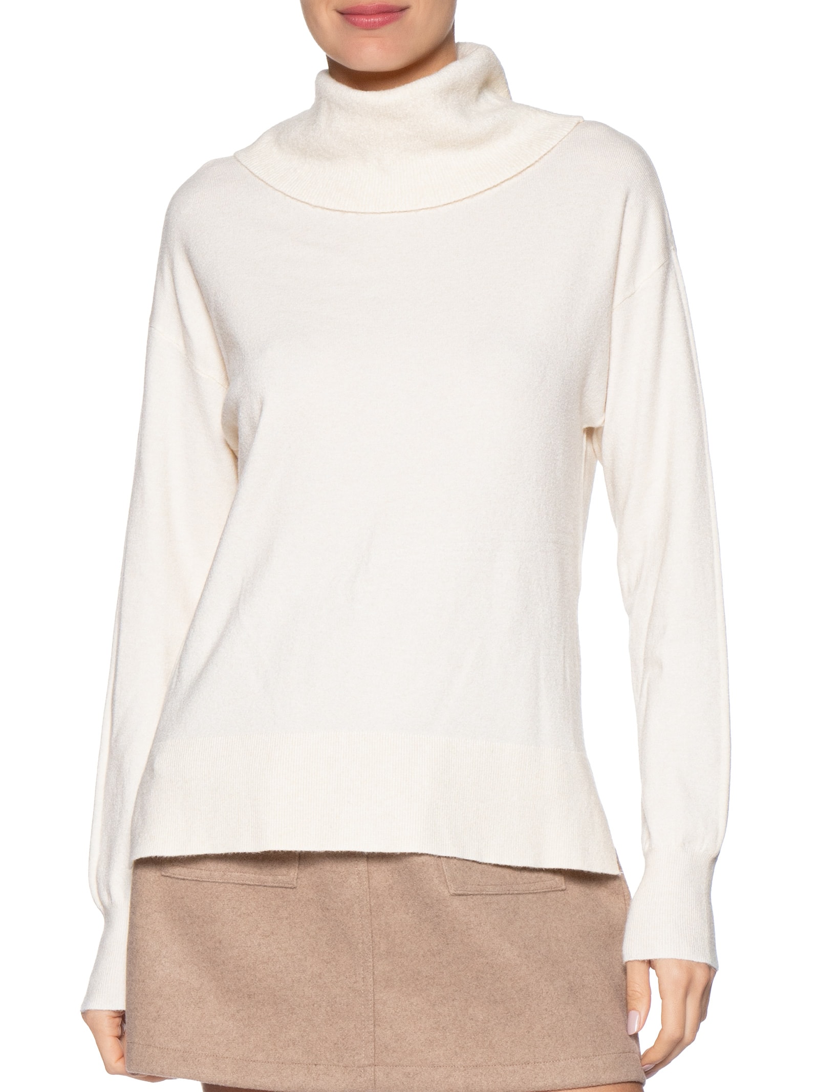 Suéter Feminino Alongado Em Tricot Off White Basiq