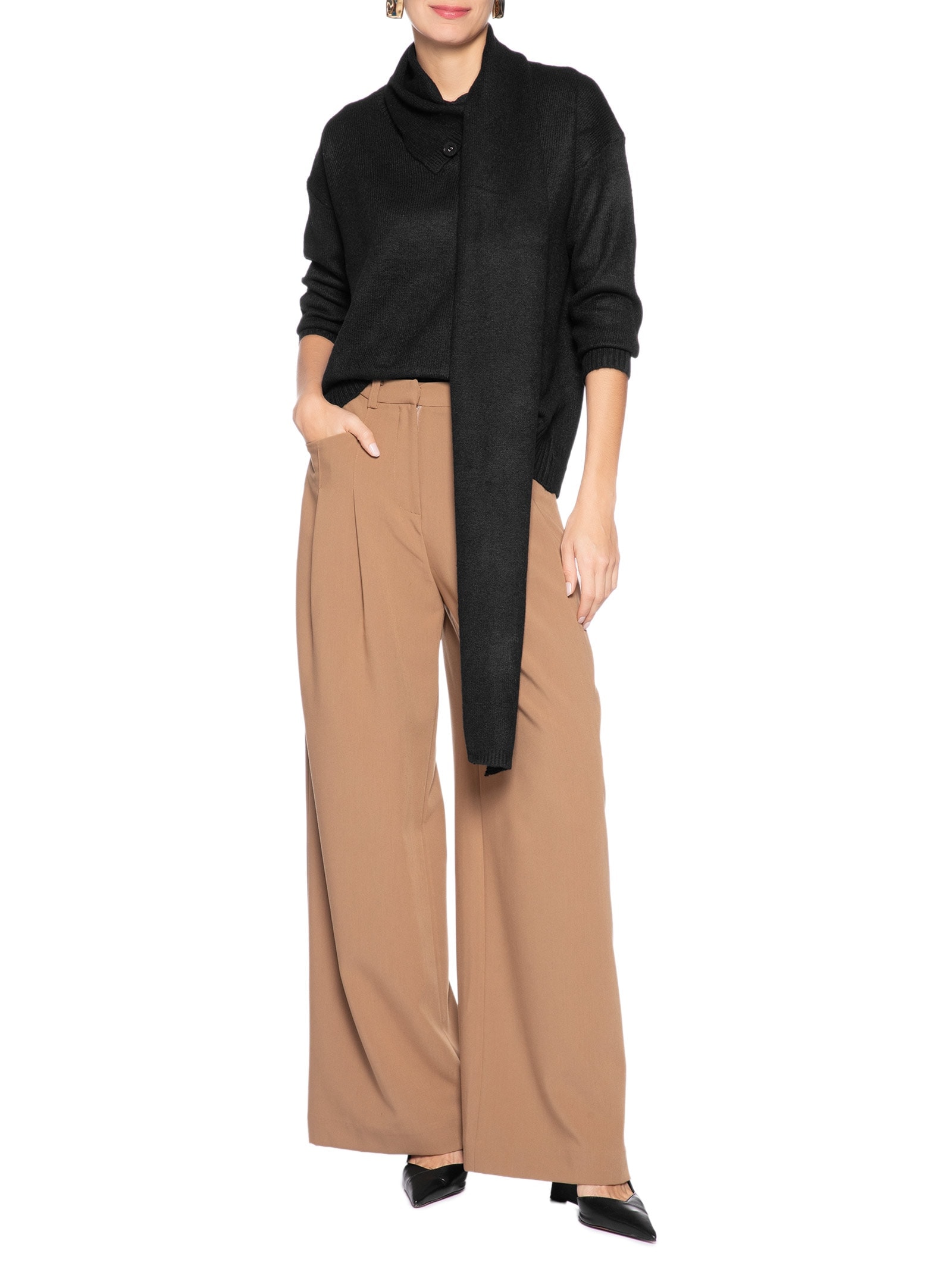 Suéter Feminino Amplo Com Gola Cachecol Preto '2Essential