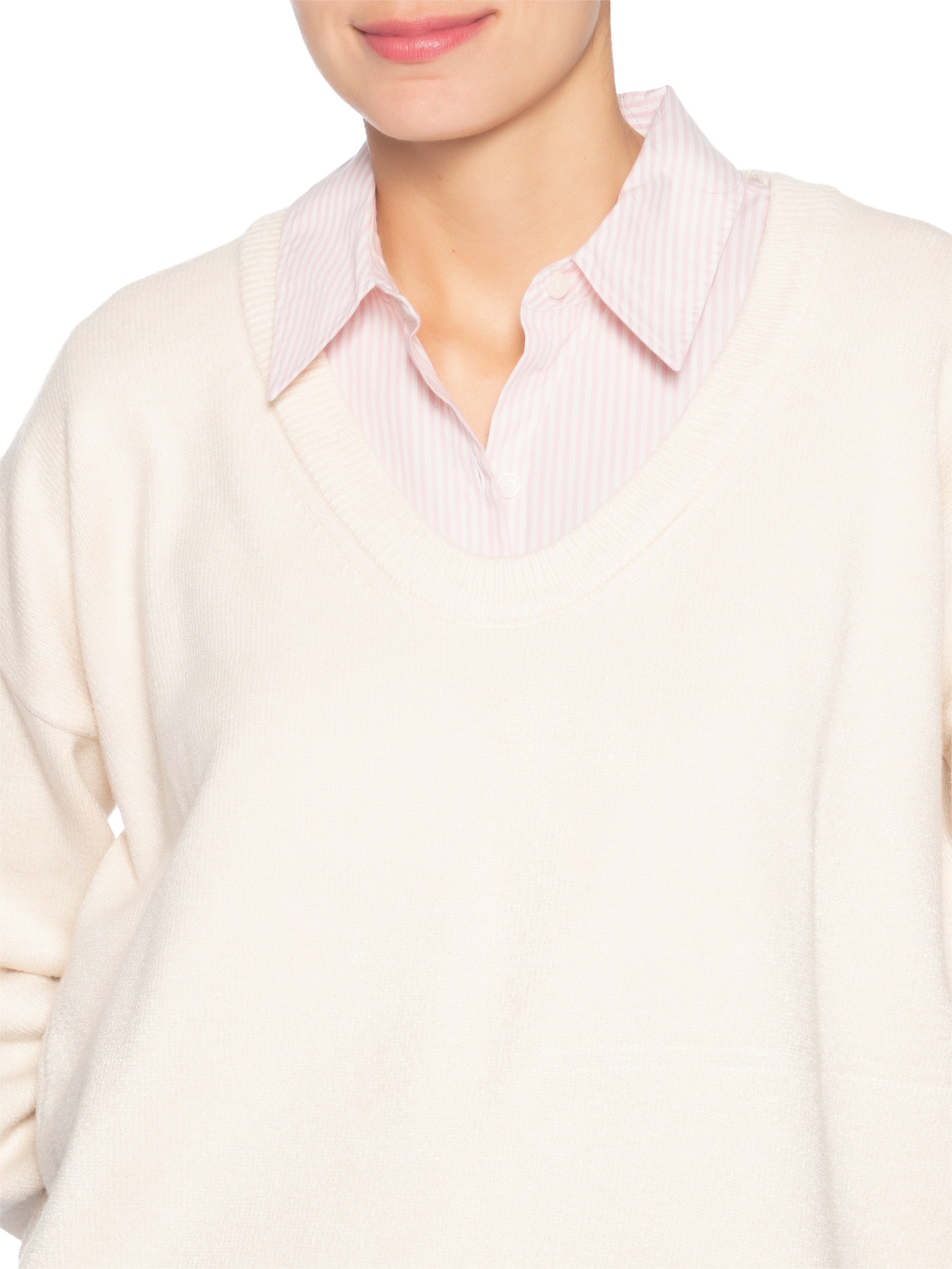 Suéter Feminino Amplo Gola V Em Tricot Bege '2Essential