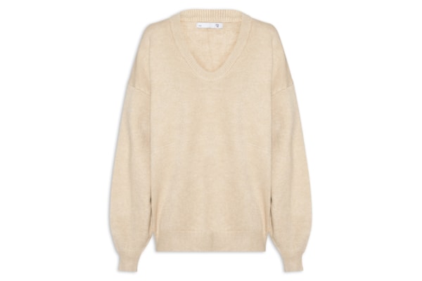 Suéter Feminino Amplo Gola V Em Tricot - Bege