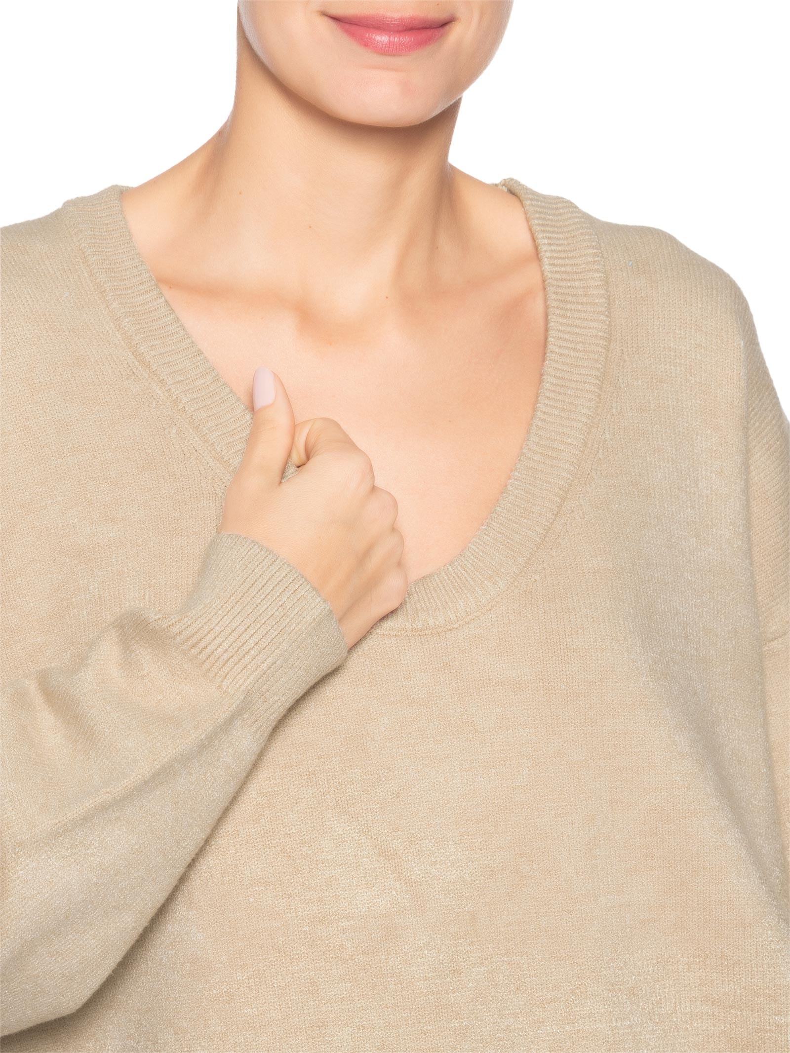 Suéter Feminino Amplo Gola V Em Tricot - Bege - '2Essential