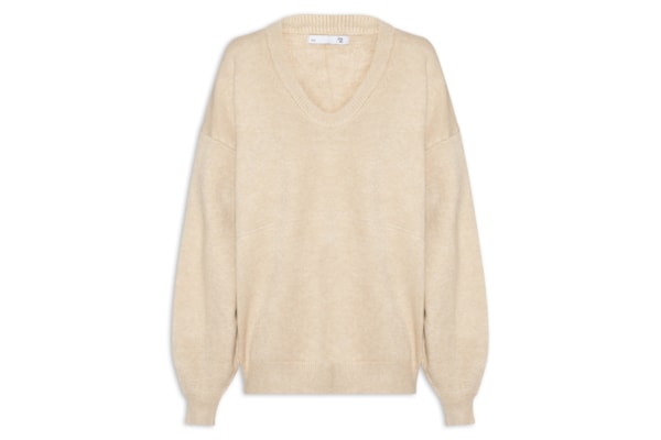 Suéter Feminino Amplo Gola V Em Tricot - Bege