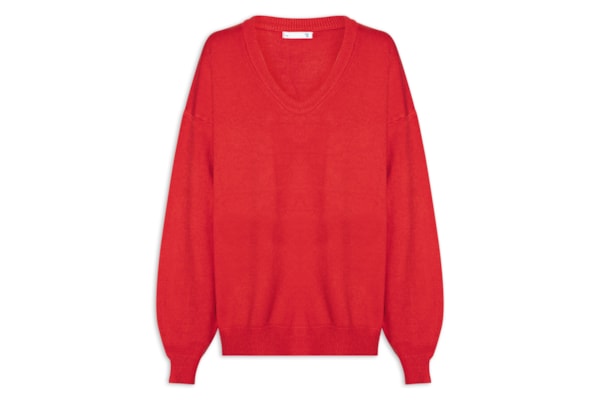 Suéter Feminino Amplo Gola V Em Tricot - Vermelho