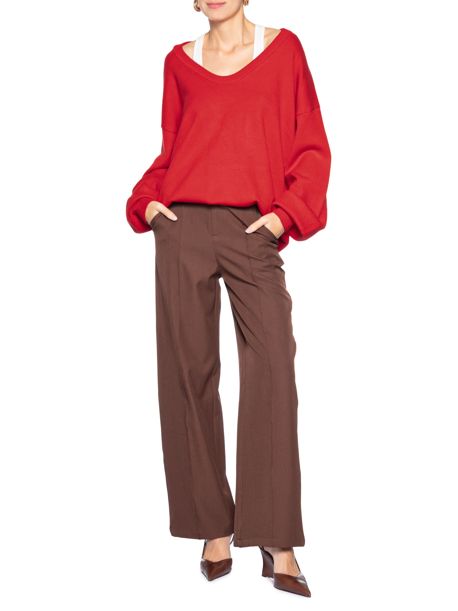 Suéter Feminino Amplo Gola V Em Tricot Vermelho '2Essential