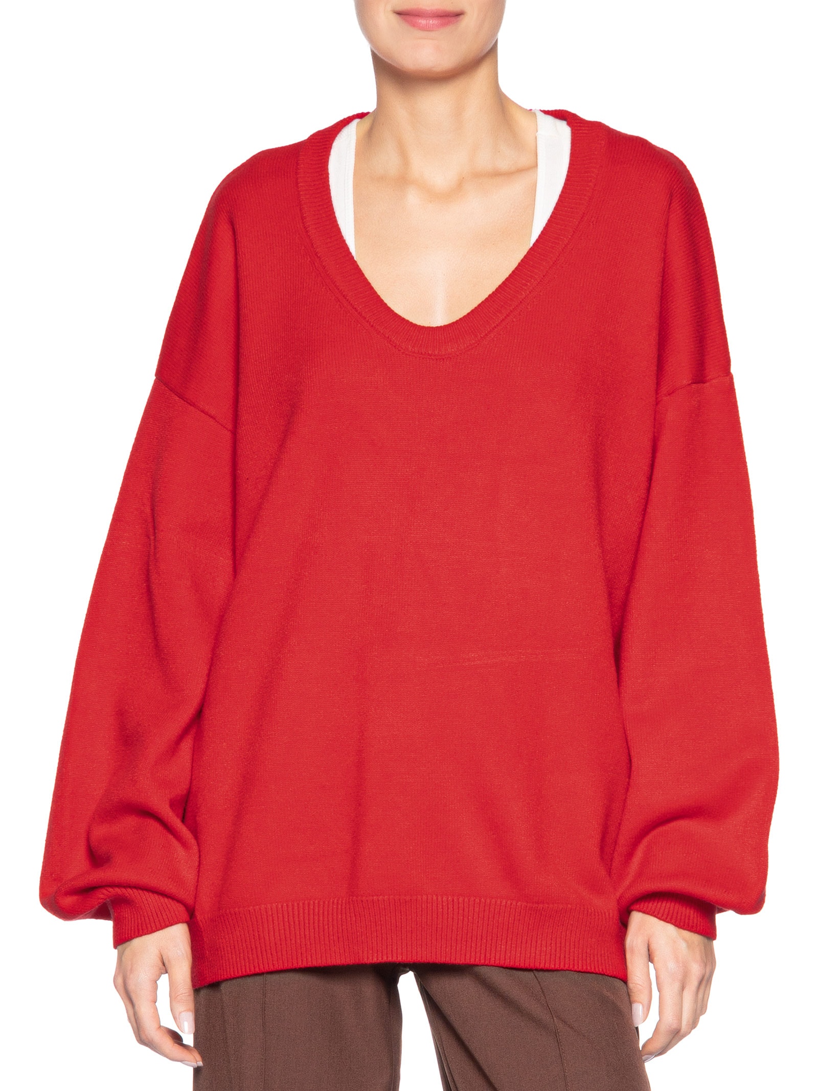 Suéter Feminino Amplo Gola V Em Tricot Vermelho '2Essential