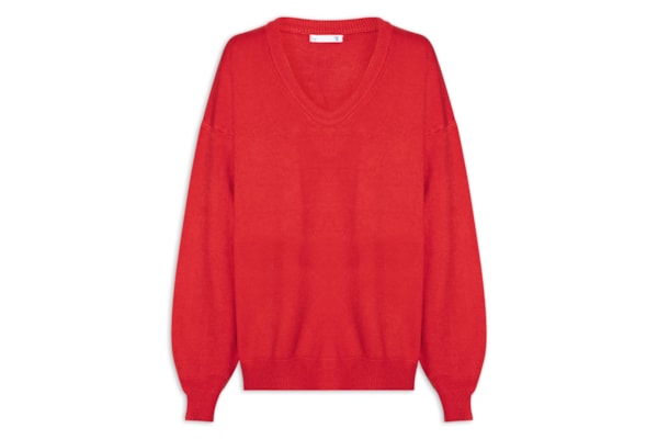 Suéter Feminino Amplo Gola V Em Tricot - Vermelho