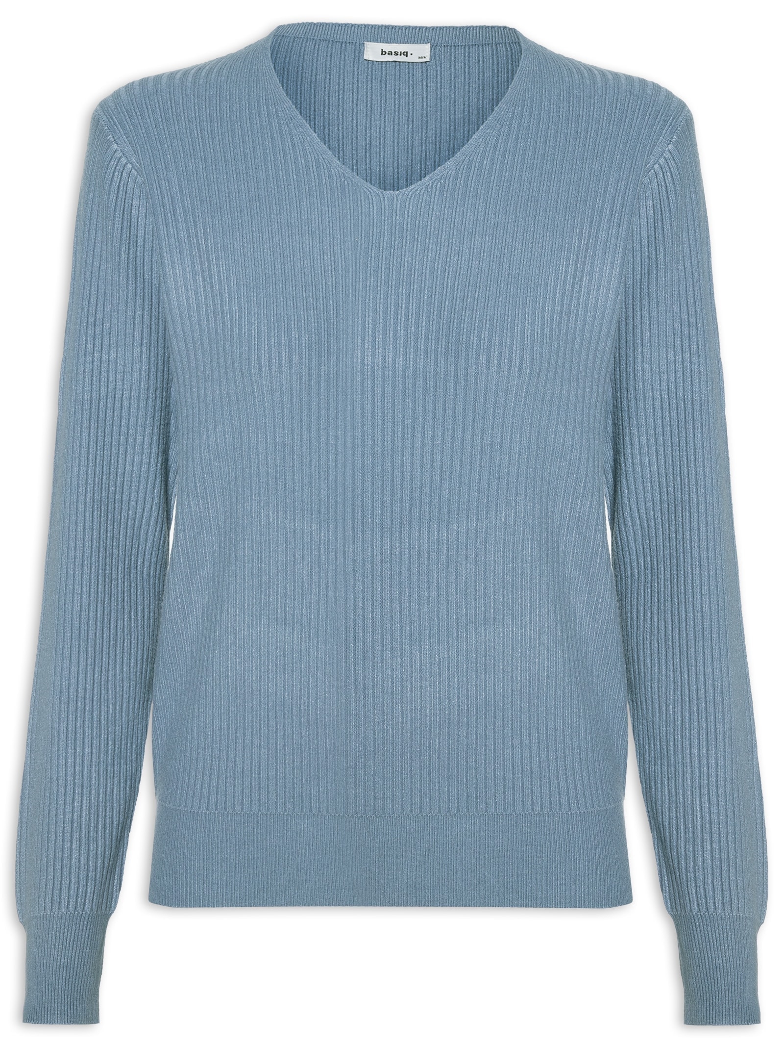 Suéter Feminino Básico Texturizado Gola V Azul Basiq