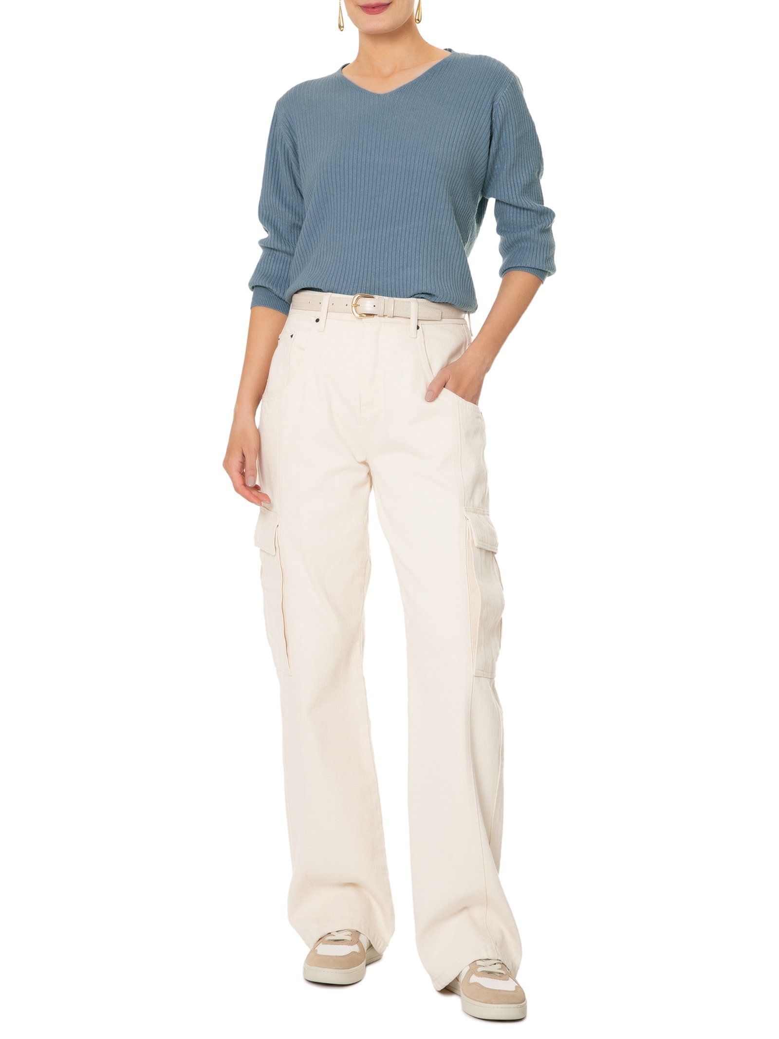 Suéter Feminino Básico Texturizado Gola V Azul Basiq