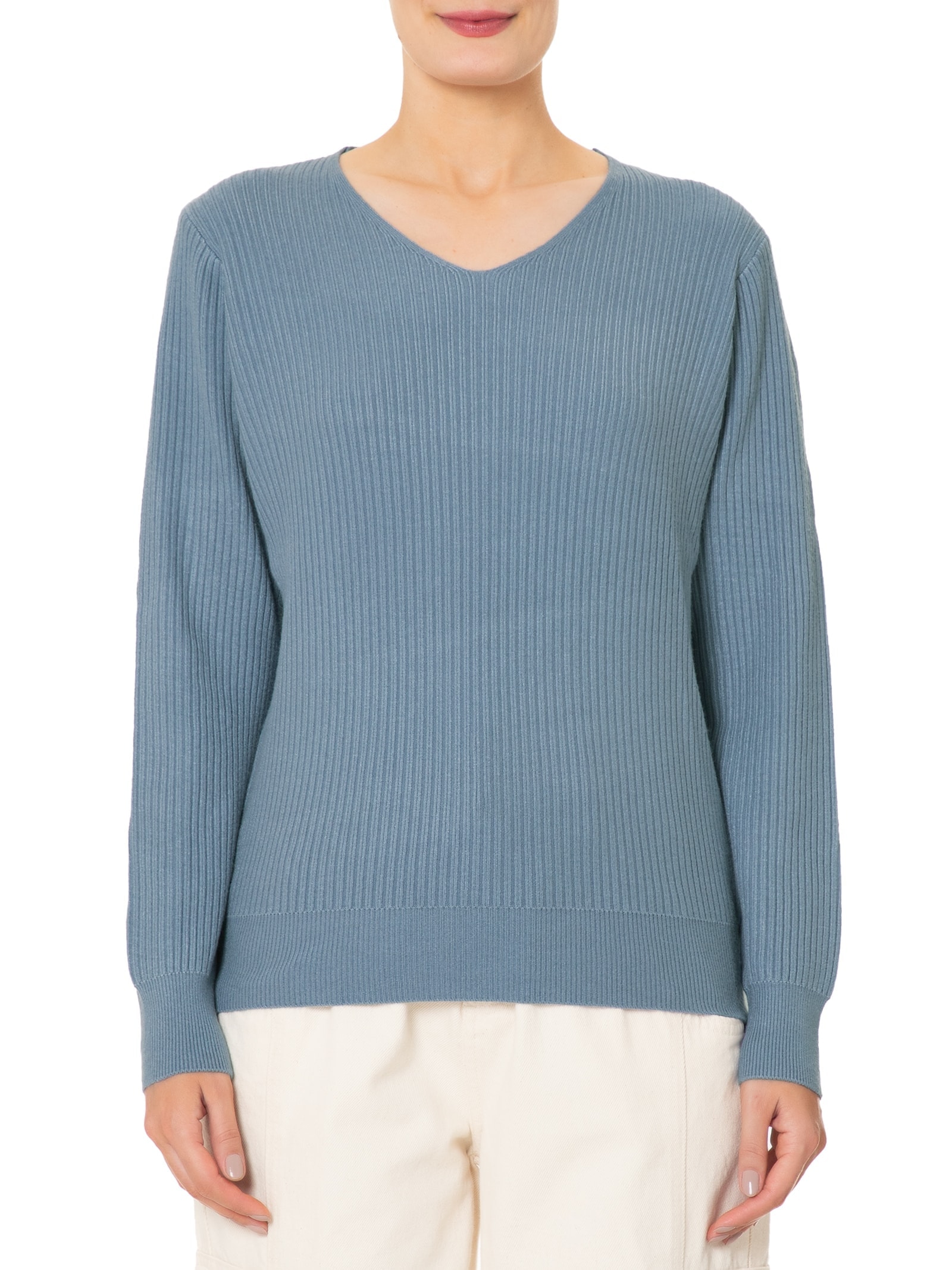 Suéter Feminino Básico Texturizado Gola V Azul Basiq