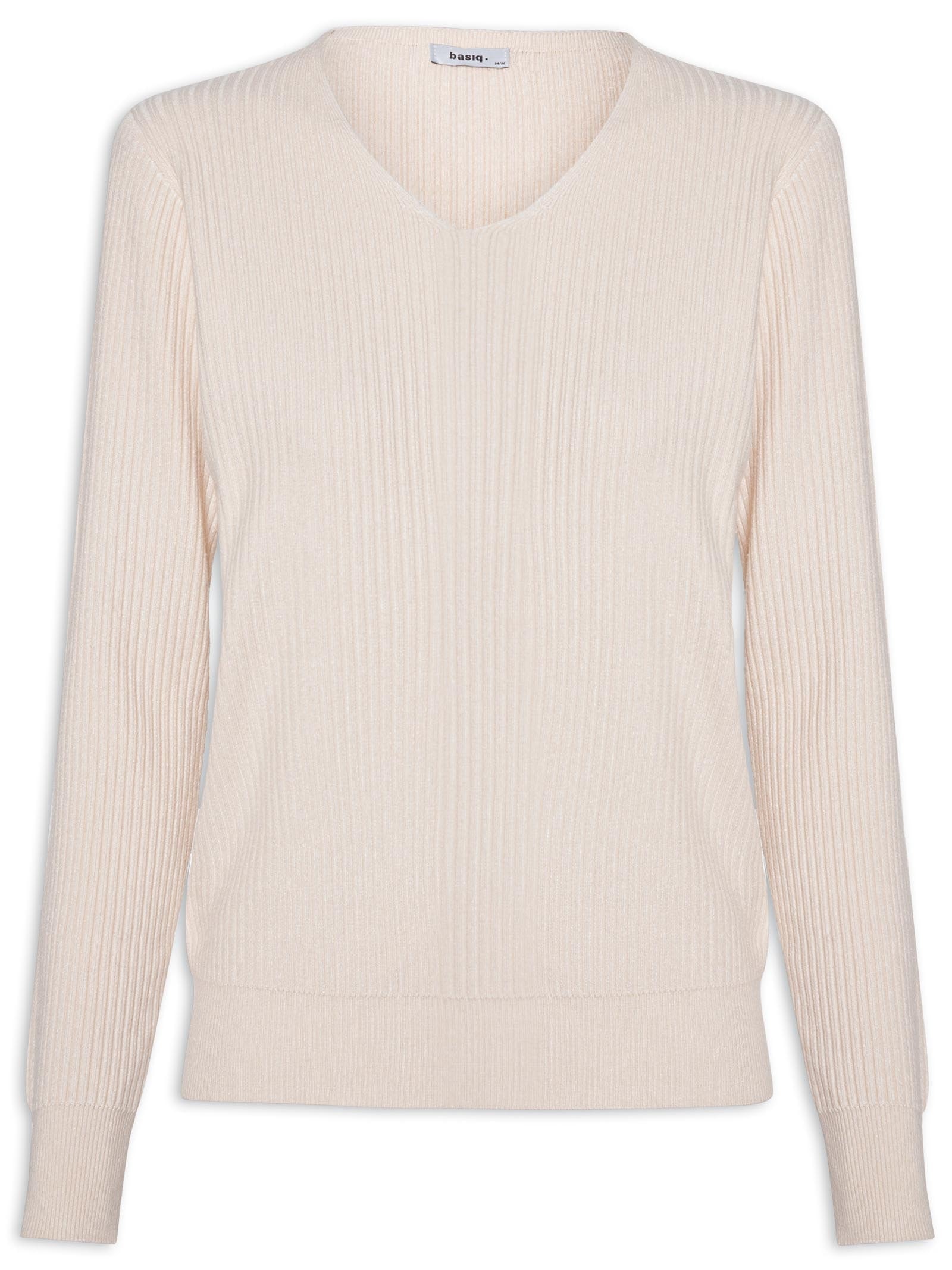Suéter Feminino Básico Texturizado Gola V Off White Basiq