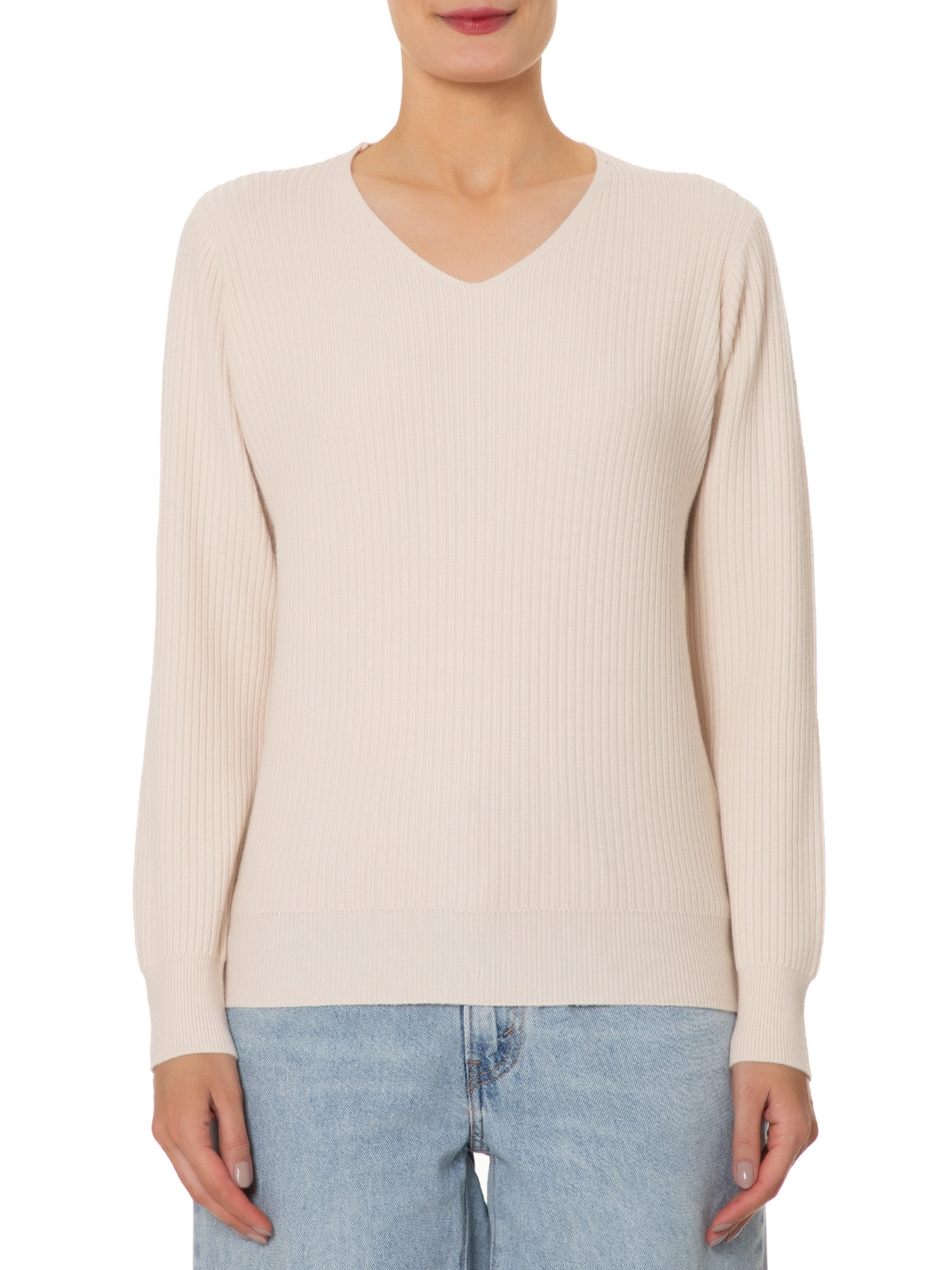 Suéter Feminino Básico Texturizado Gola V Off White Basiq