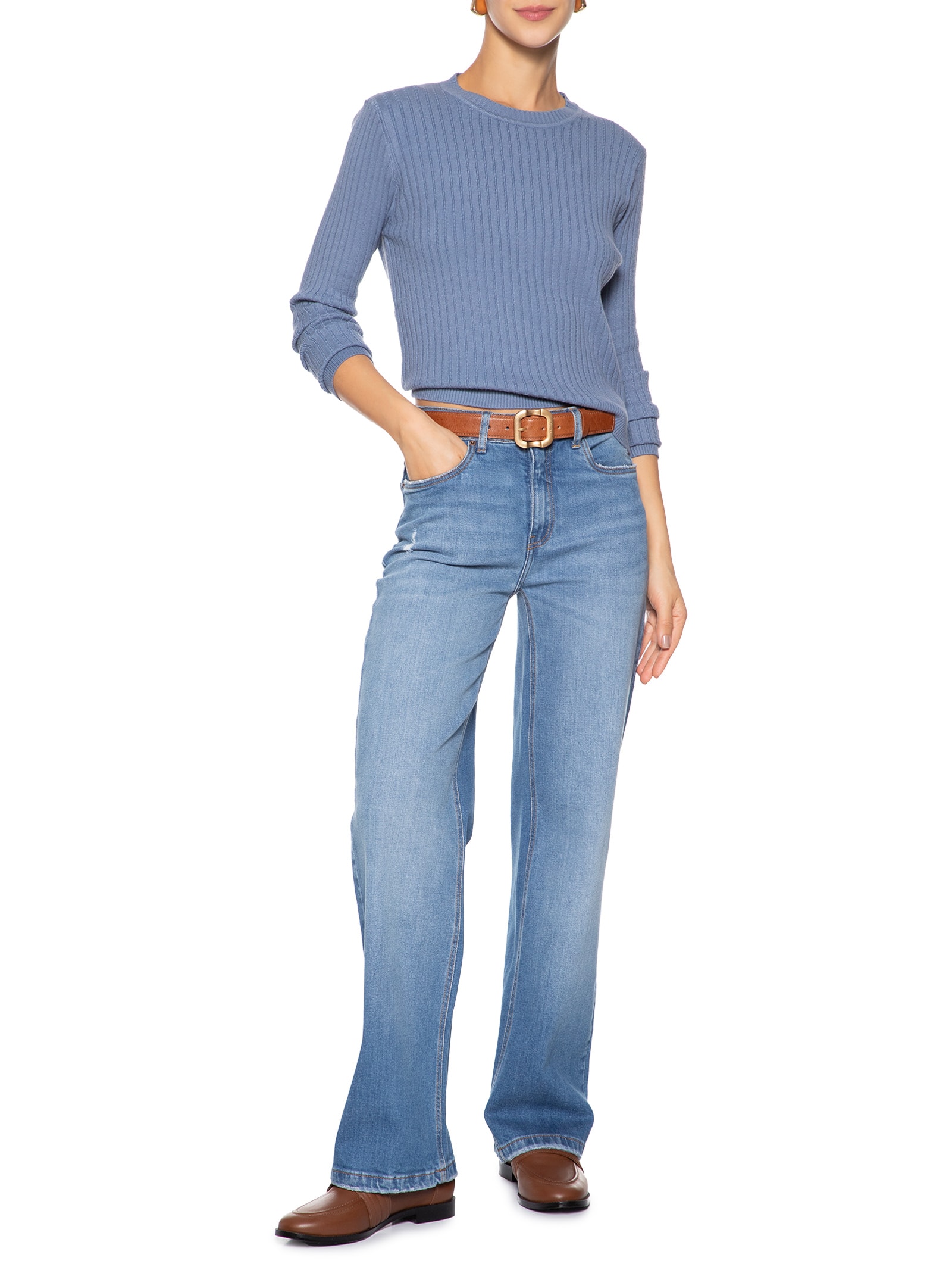 Suéter Feminino Canelado Azul Basiq