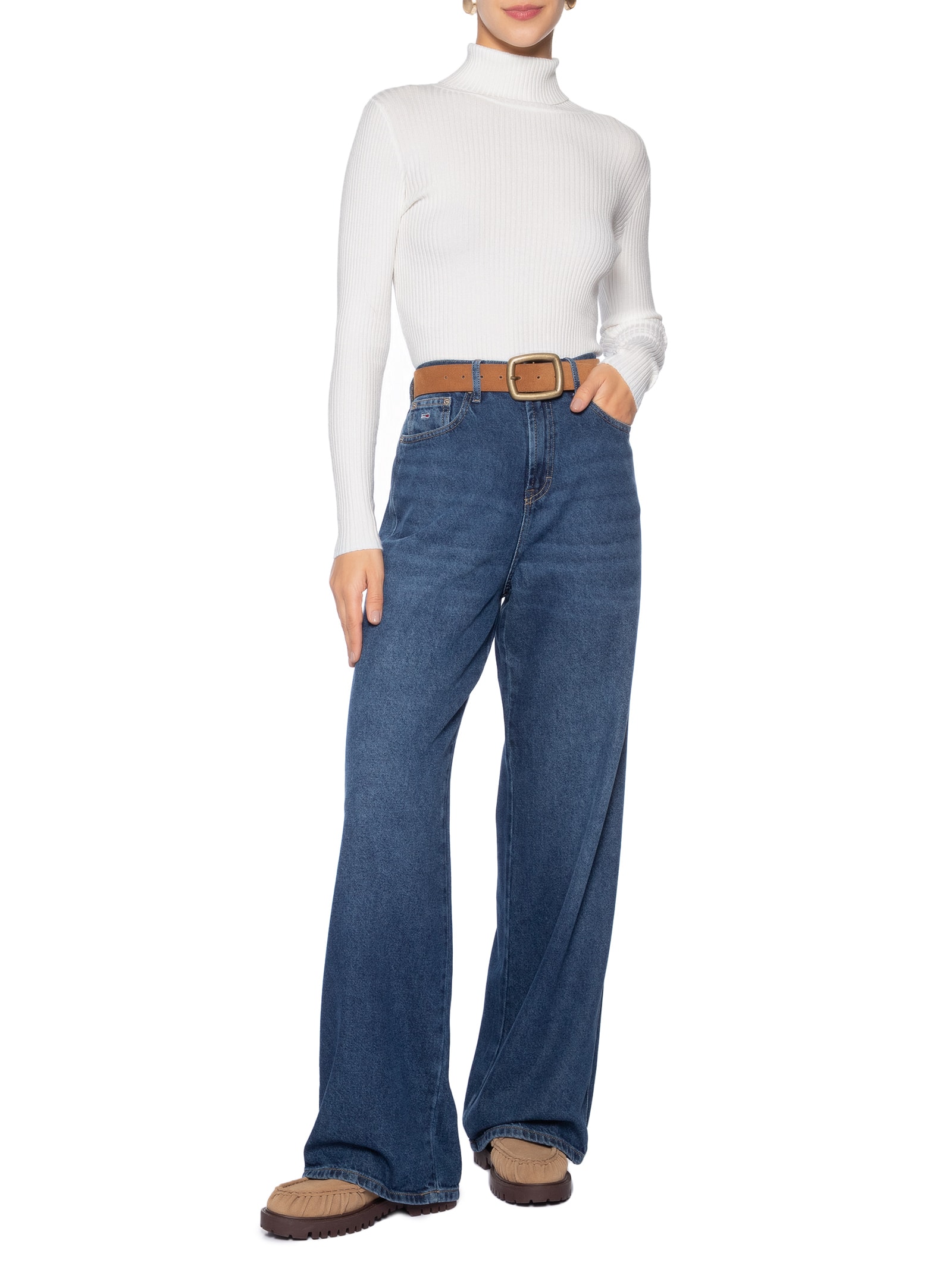 Suéter Feminino Canelado Gola Alta Branco Basiq