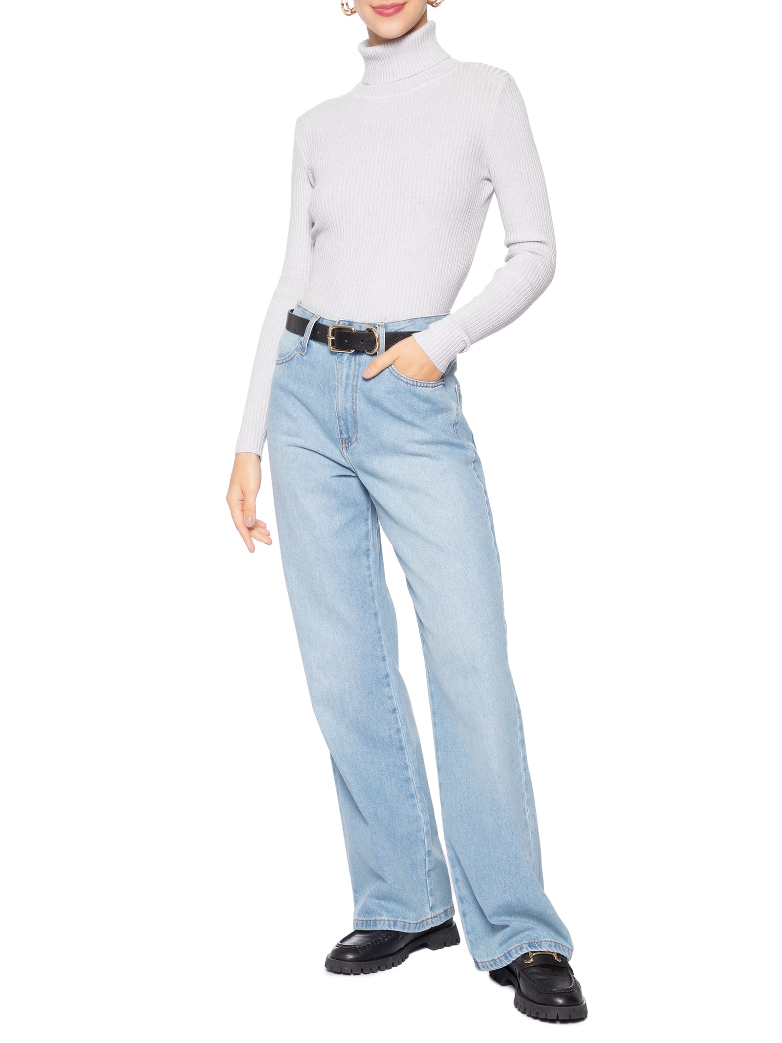 Suéter Feminino Canelado Gola Alta Cinza Basiq