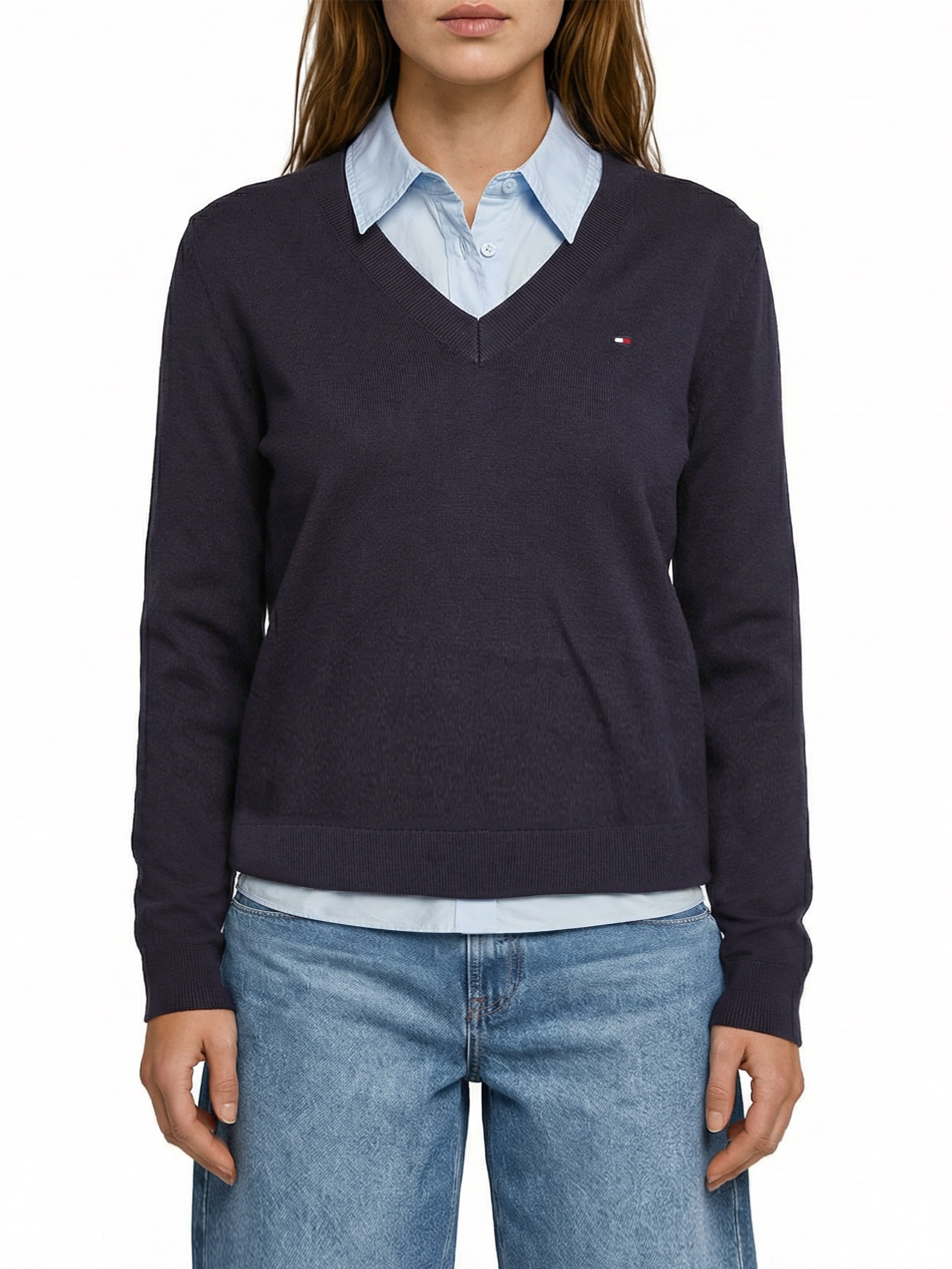 Suéter Feminino Co Jersey Stitch V Azul Tommy Hilfiger