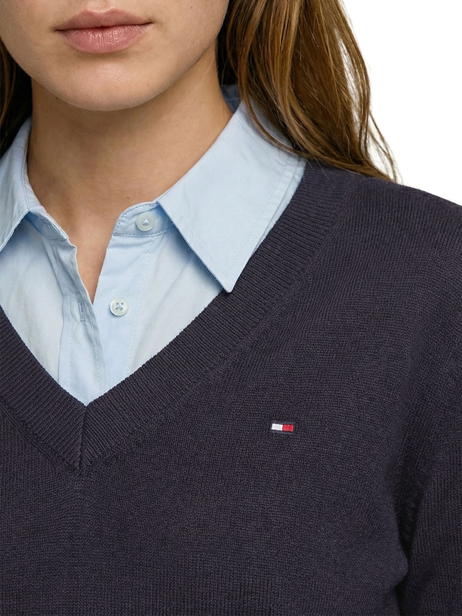 Suéter Feminino Co Jersey Stitch V Azul Tommy Hilfiger