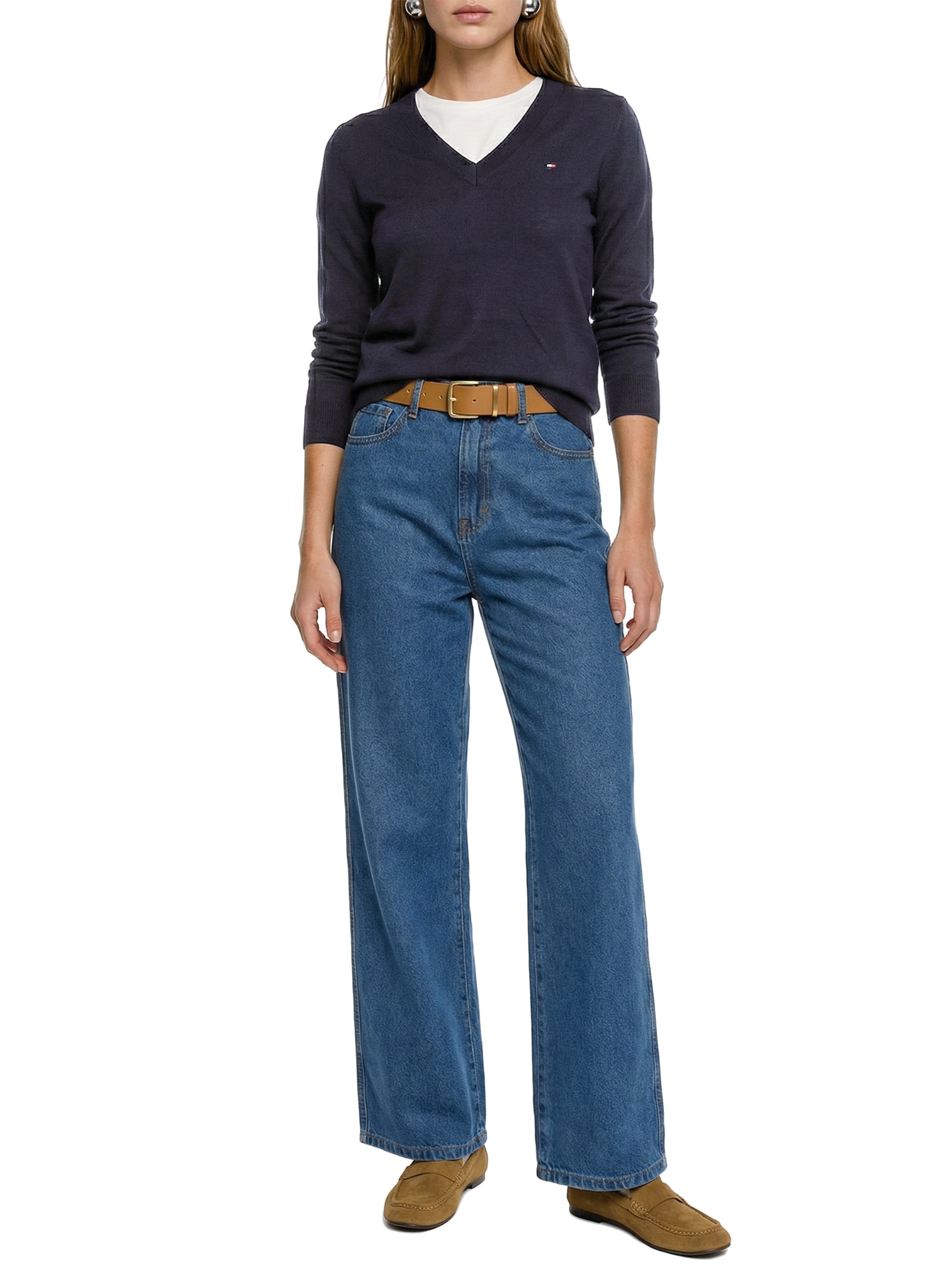 Suéter Feminino Co Jersey Stitch V Azul Tommy Hilfiger