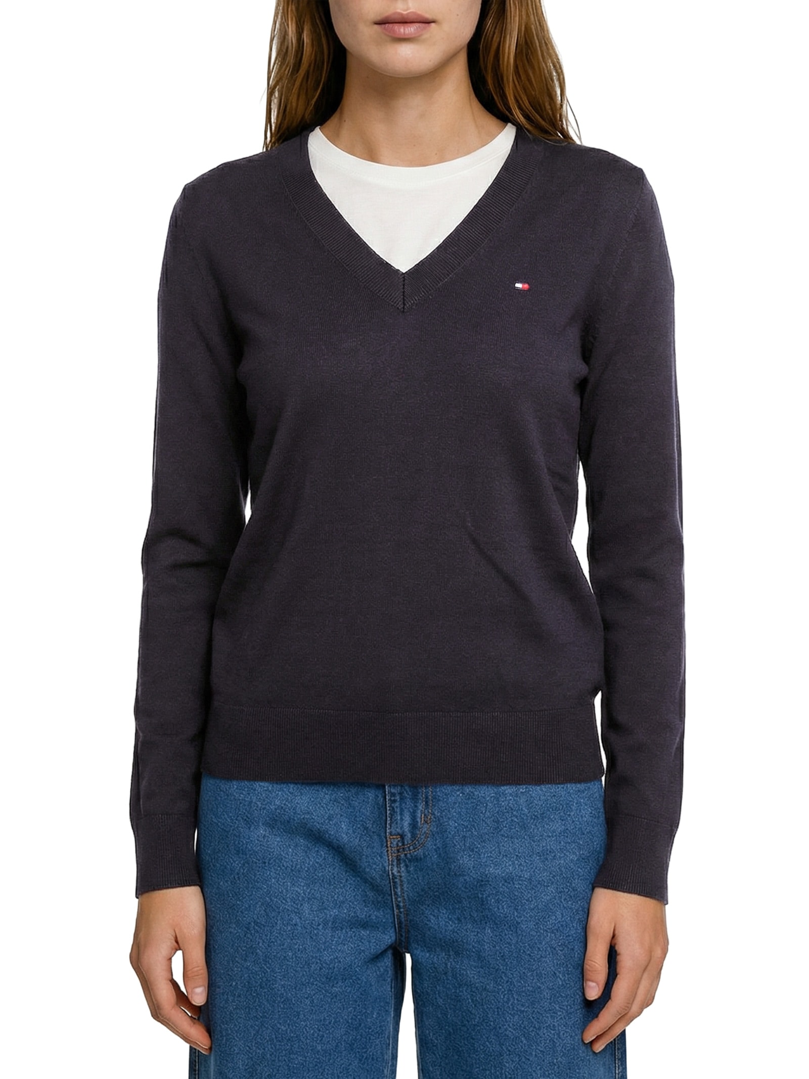 Suéter Feminino Co Jersey Stitch V Azul Tommy Hilfiger