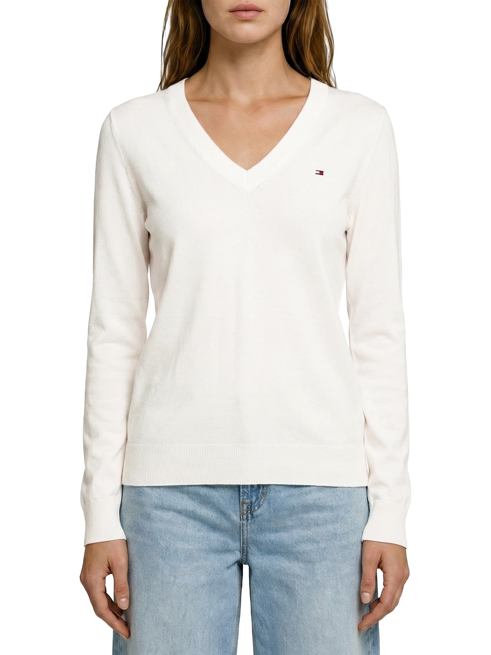 Suéter Feminino Co Jersey Stitch V Branco Tommy Hilfiger