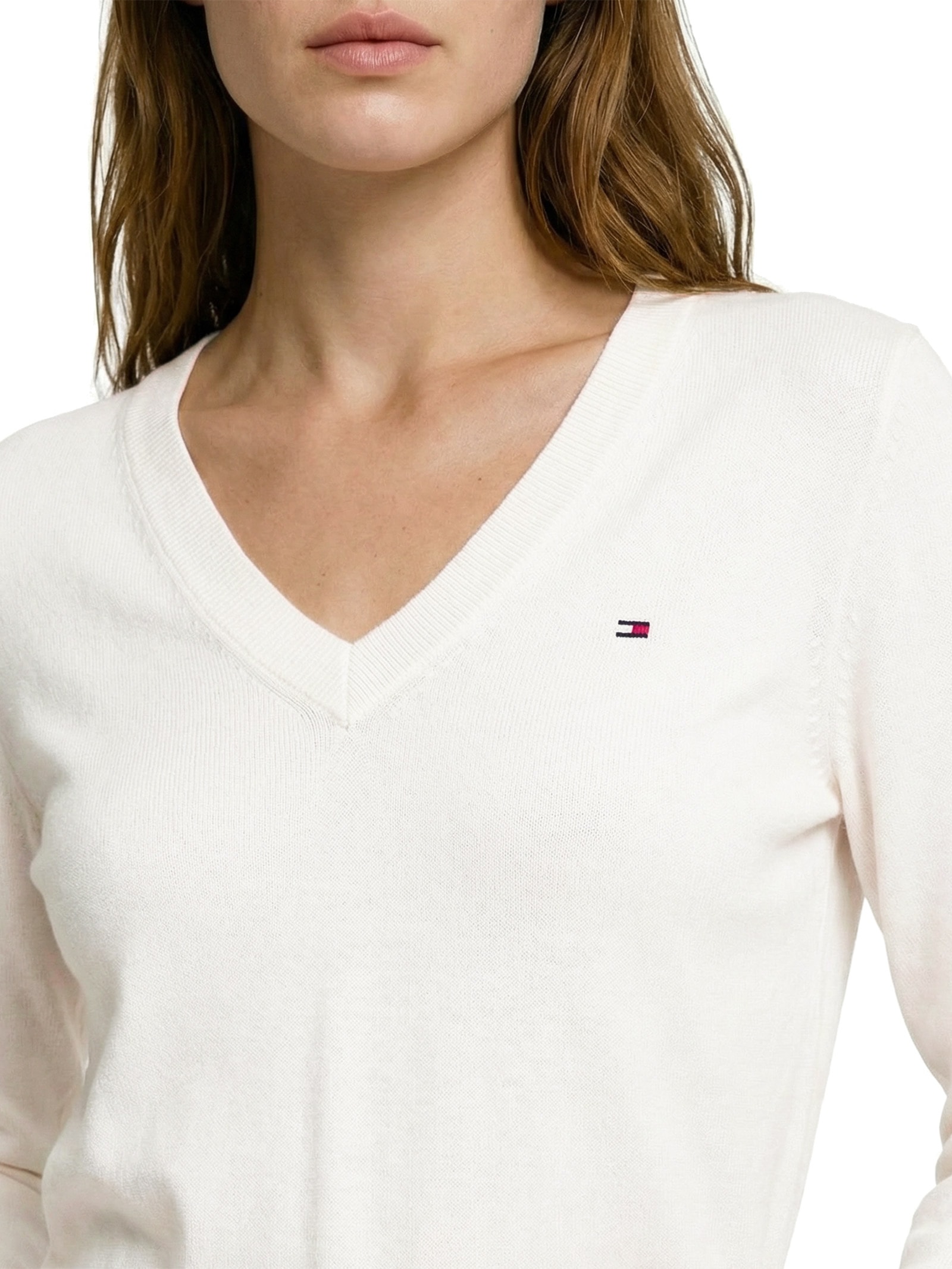 Suéter Feminino Co Jersey Stitch V Branco Tommy Hilfiger