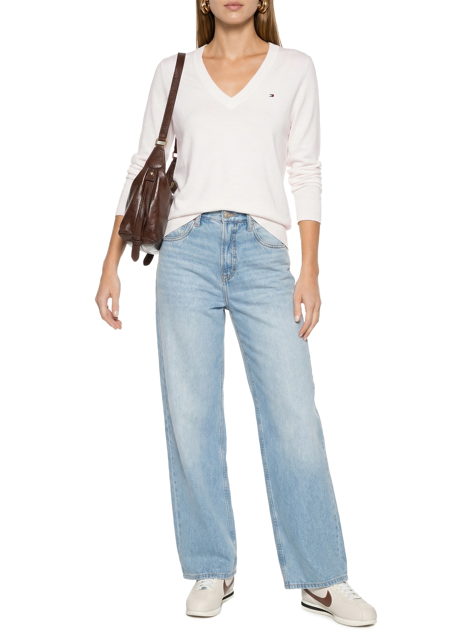 Suéter Feminino Co Jersey Stitch V Branco Tommy Hilfiger