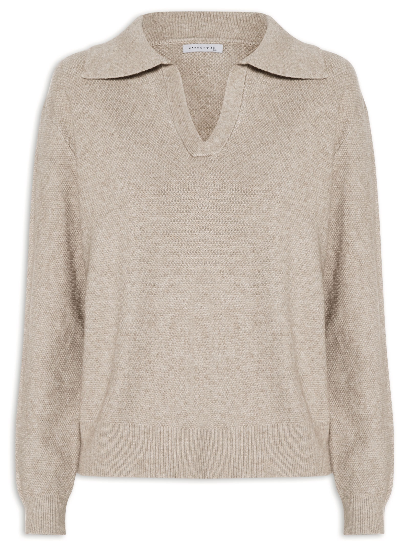 Suéter Feminino Com Gola Polo Bege Market 33