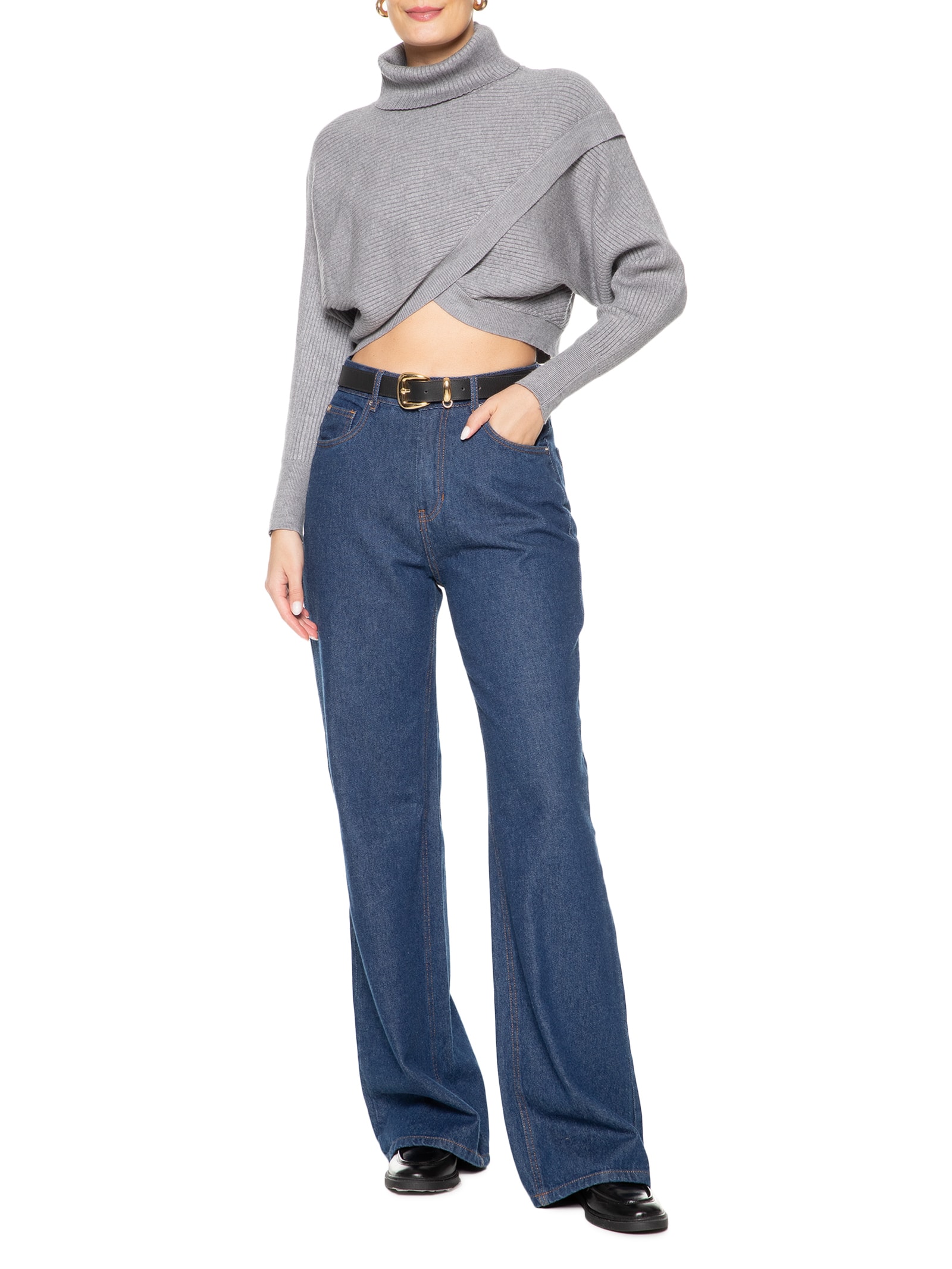 Suéter Feminino Com Transpasse E Gola Alta Em Tricot Cinza '2Essential