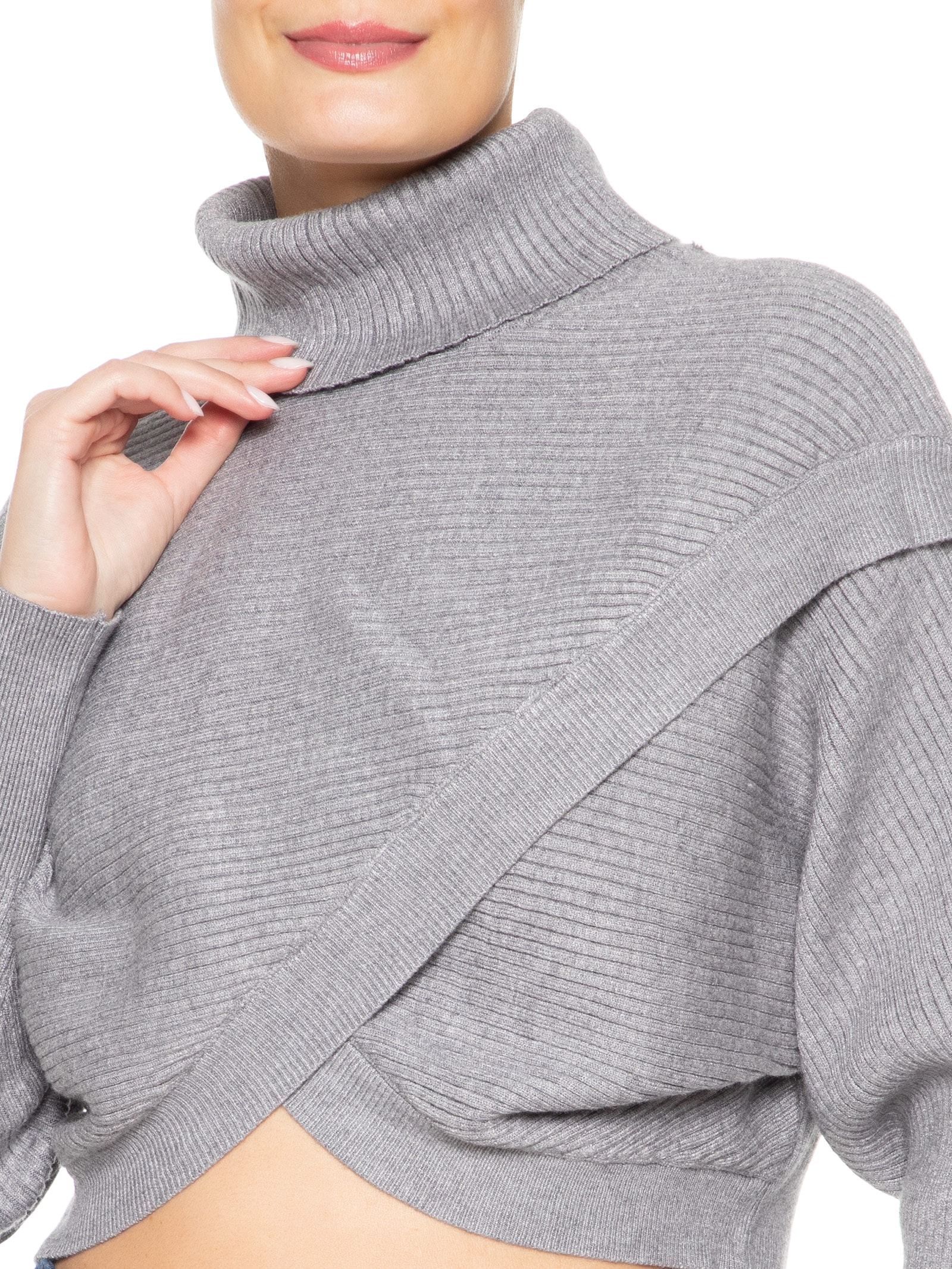 Suéter Feminino Com Transpasse E Gola Alta Em Tricot Cinza '2Essential