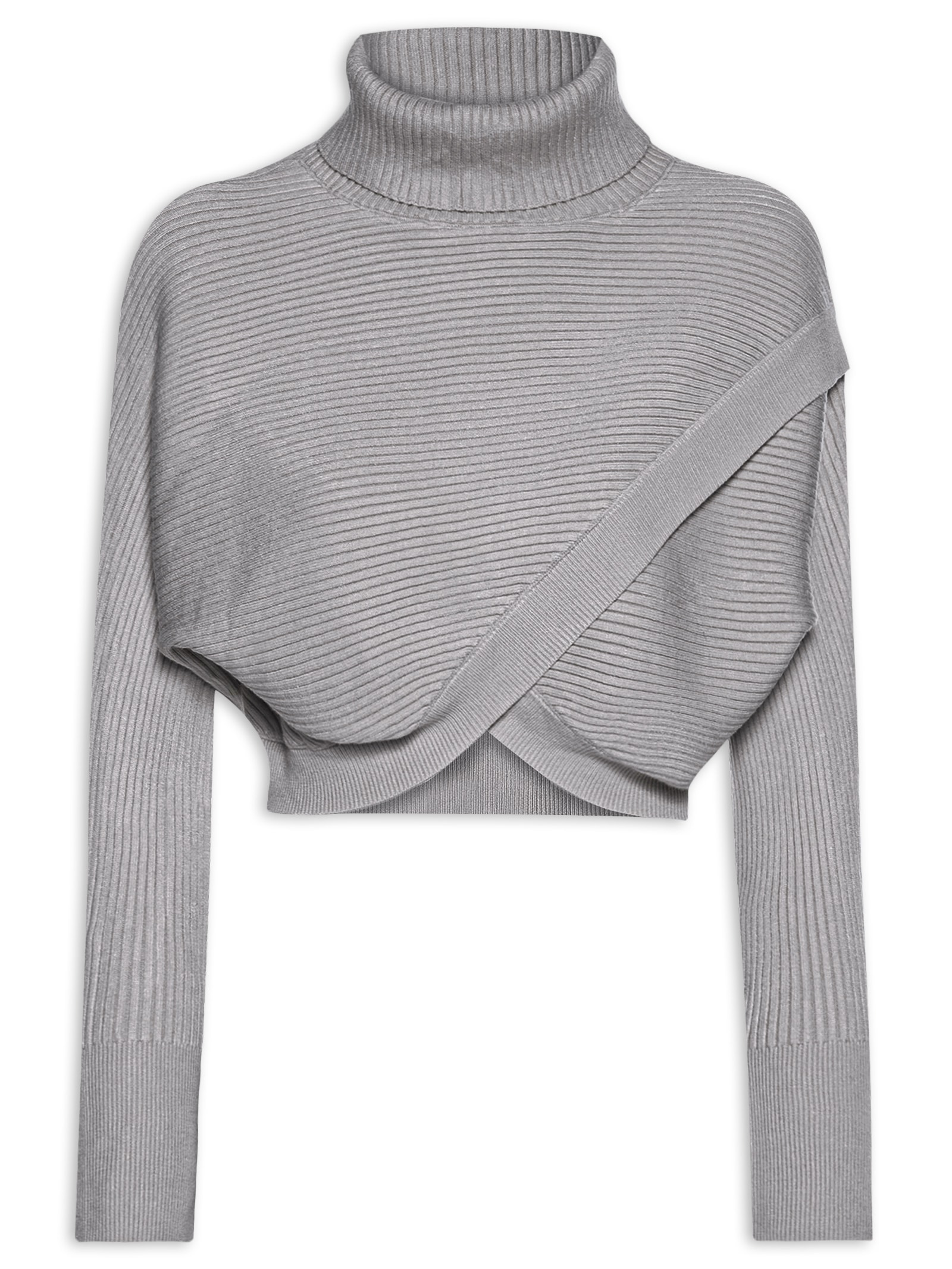 Suéter Feminino Com Transpasse E Gola Alta Em Tricot Cinza '2Essential