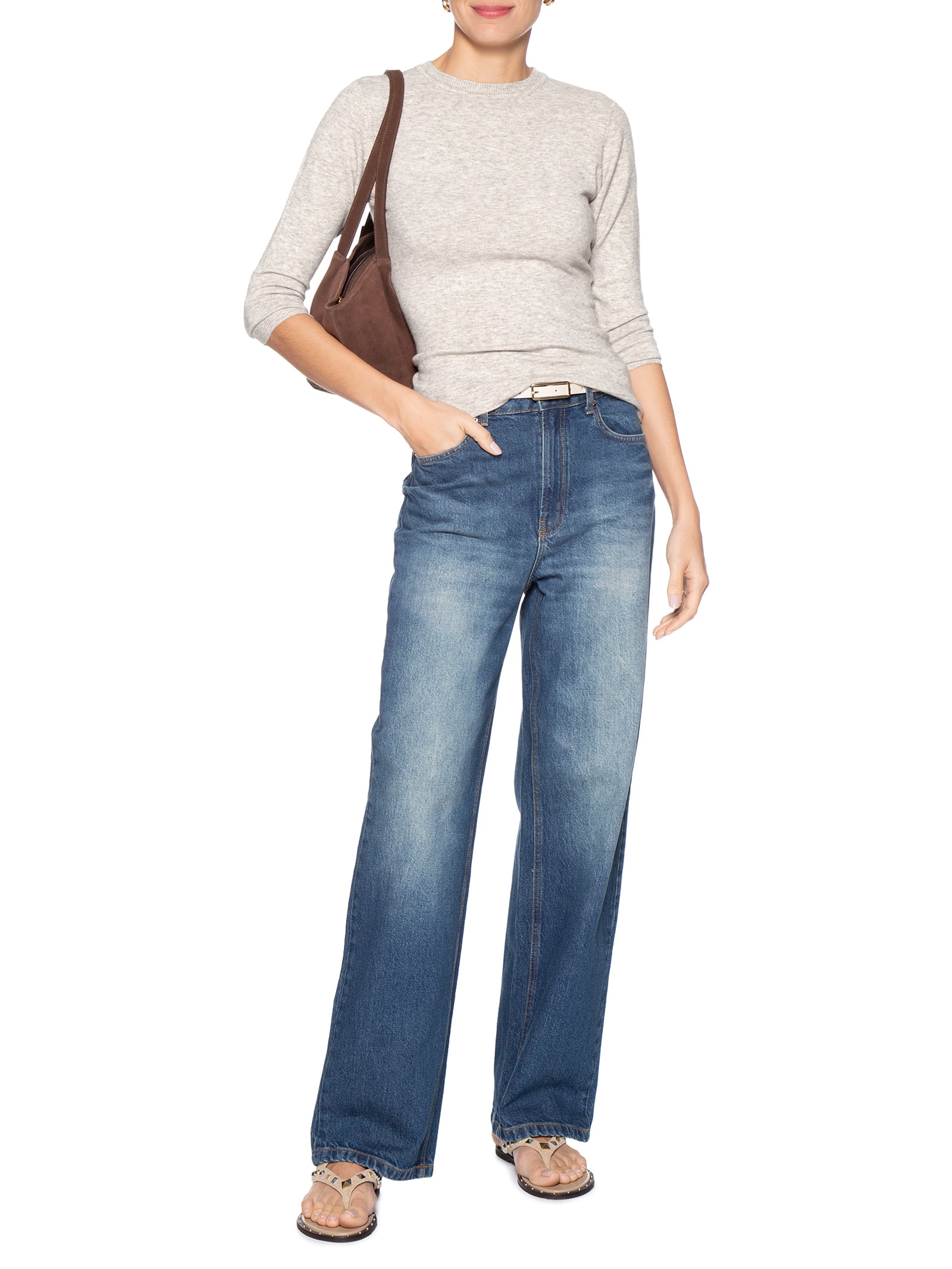 Suéter Feminino Em Tricot Bege Basiq