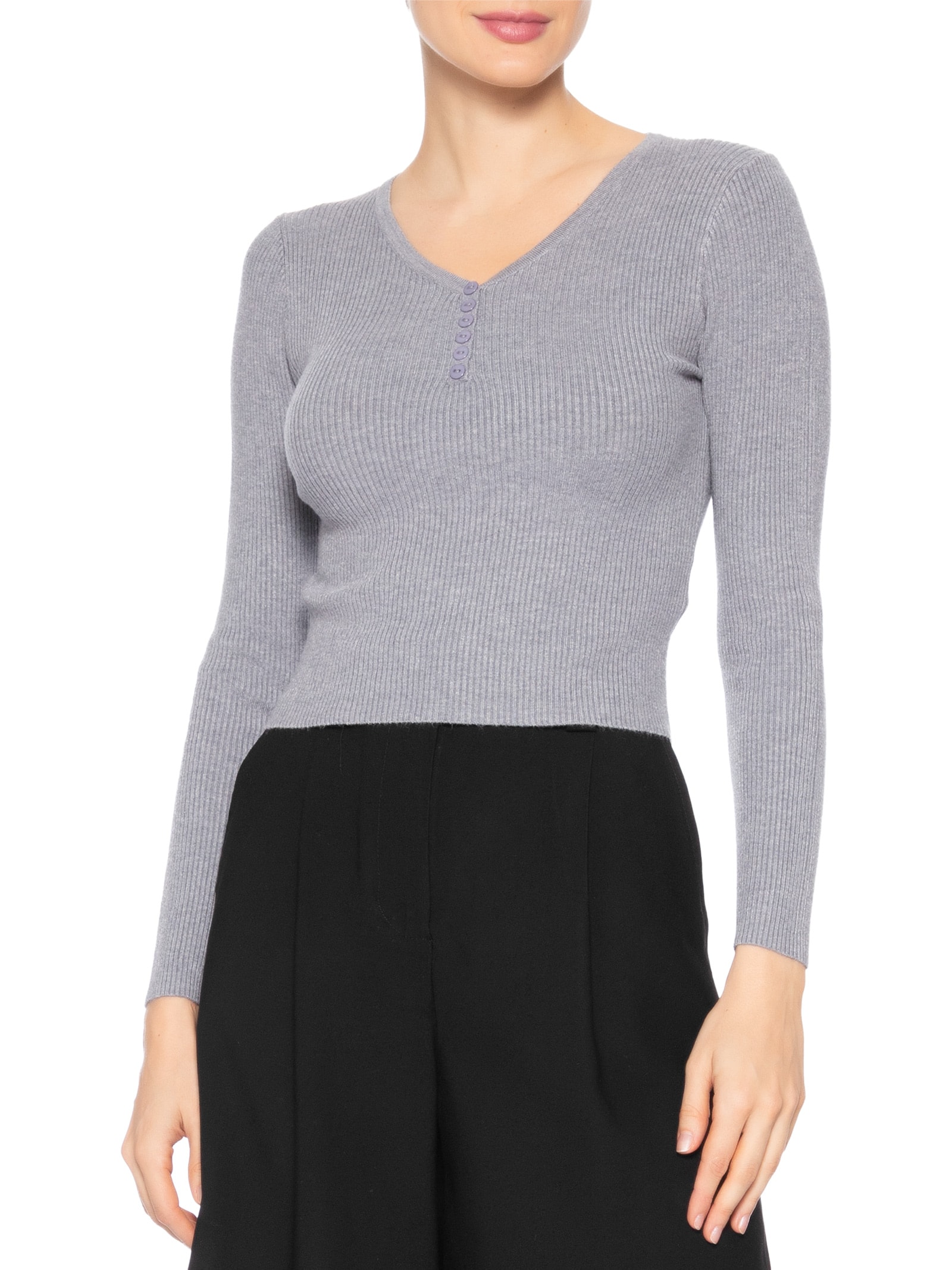 Suéter Feminino Em Tricot Com Botões Cinza Basiq
