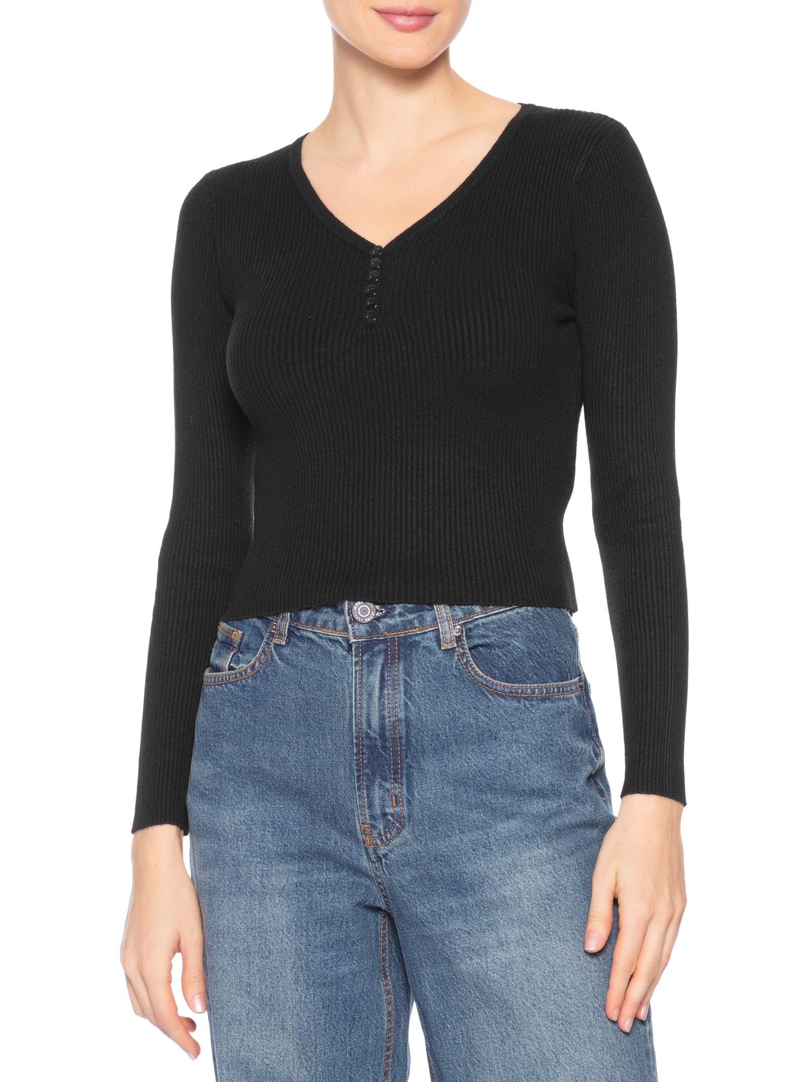 Suéter Feminino Em Tricot Com Botões Preto Basiq