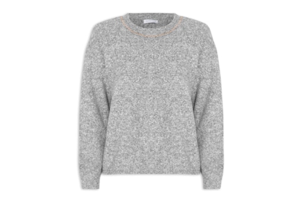 Suéter Feminino Em Tricot Com Detalhe Corrente - Cinza
